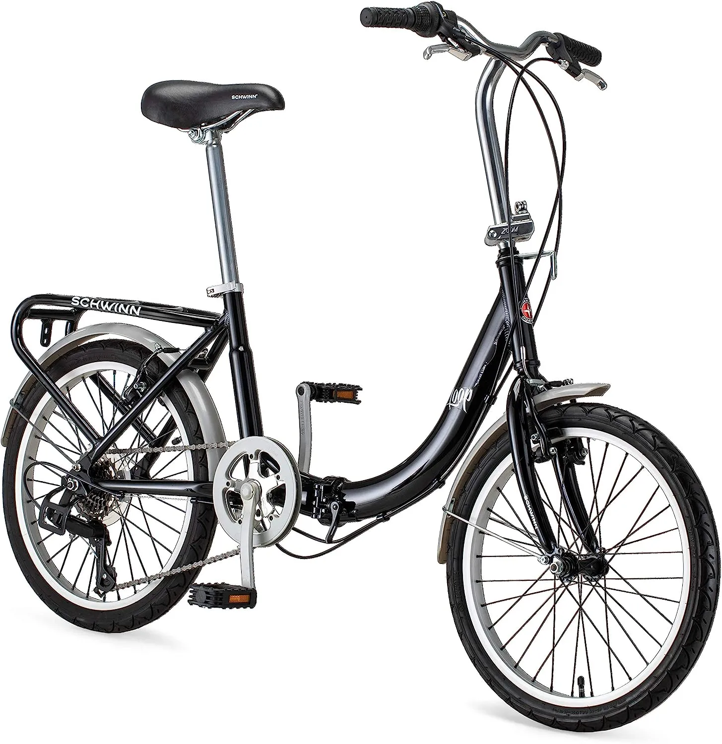 Schwinn Loop Adult Folding Bike, Men and Women, 20-inch Wheels, 7-Speed Drivetrain, Rear Cargo Rack, Carrying Bag Included for Storage