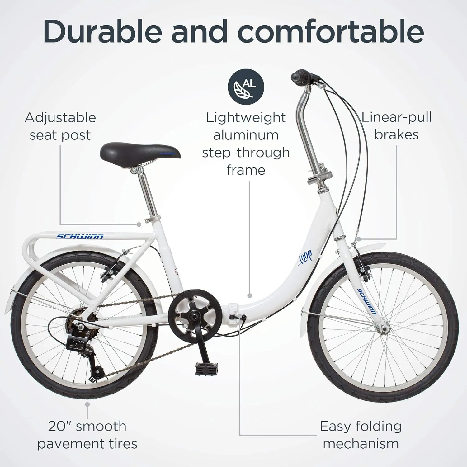 Schwinn Loop Adult Folding Bike, Men and Women, 20-inch Wheels, 7-Speed Drivetrain, Rear Cargo Rack, Carrying Bag Included for Storage
