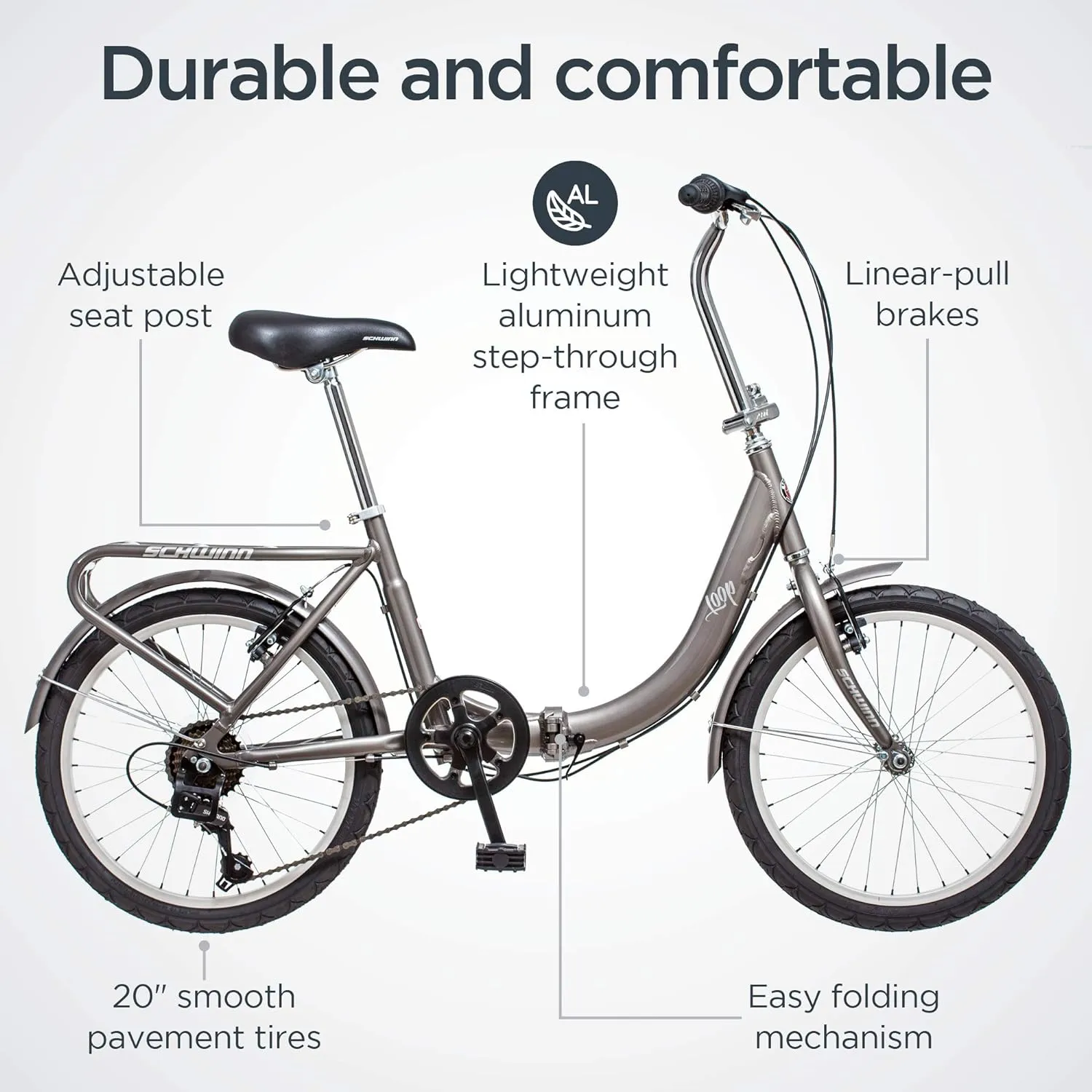 Schwinn Loop Adult Folding Bike, Men and Women, 20-inch Wheels, 7-Speed Drivetrain, Rear Cargo Rack, Carrying Bag Included for Storage