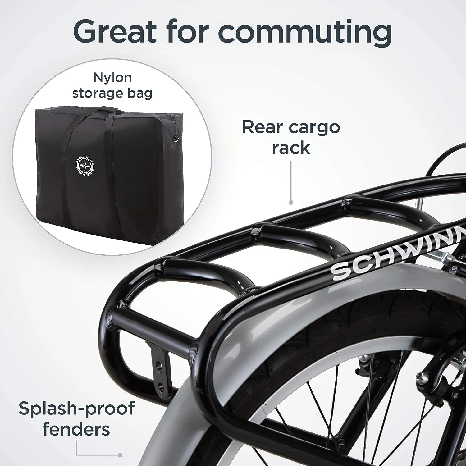 Schwinn Loop Adult Folding Bike, Men and Women, 20-inch Wheels, 7-Speed Drivetrain, Rear Cargo Rack, Carrying Bag Included for Storage