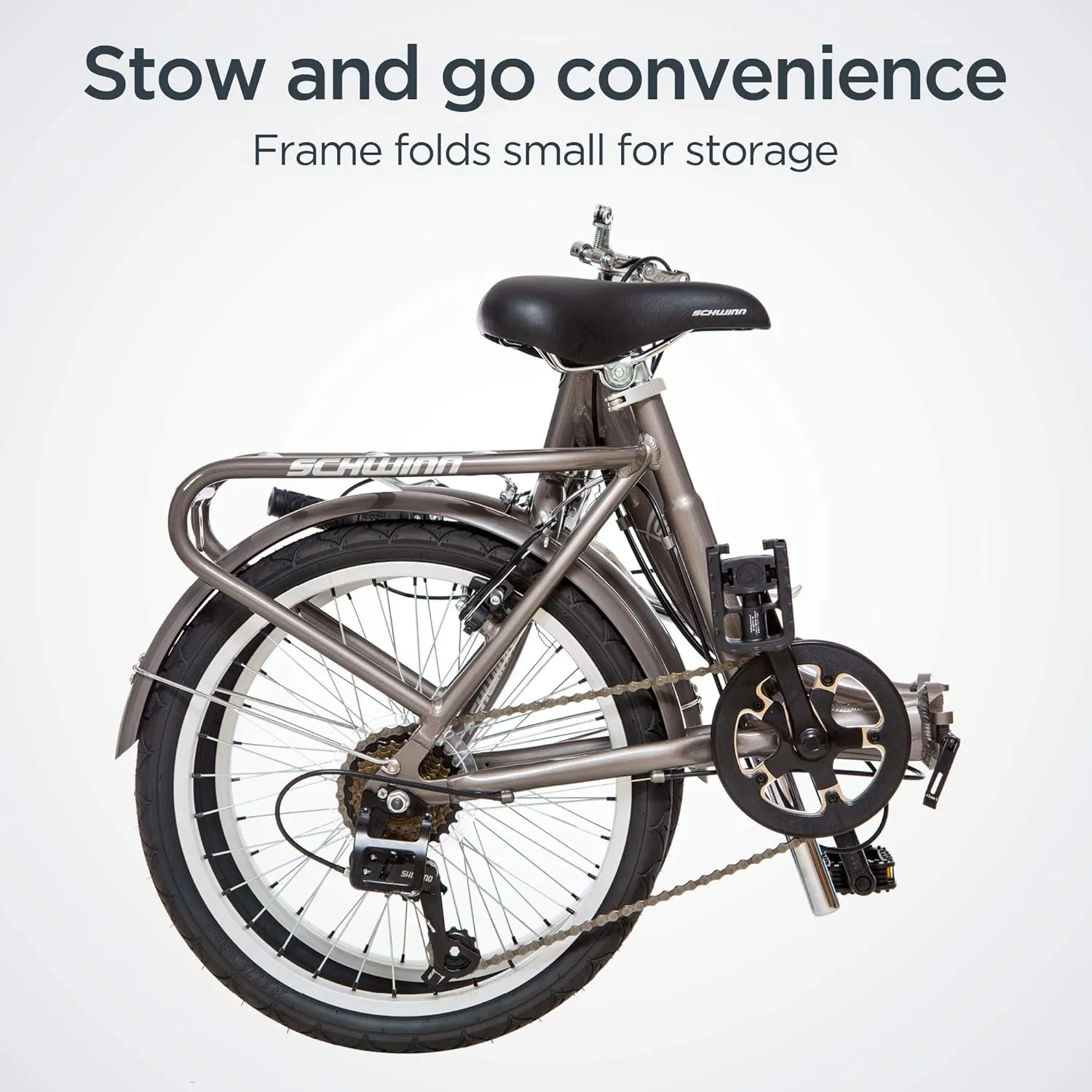 Schwinn Loop Adult Folding Bike, Men and Women, 20-inch Wheels, 7-Speed Drivetrain, Rear Cargo Rack, Carrying Bag Included for Storage