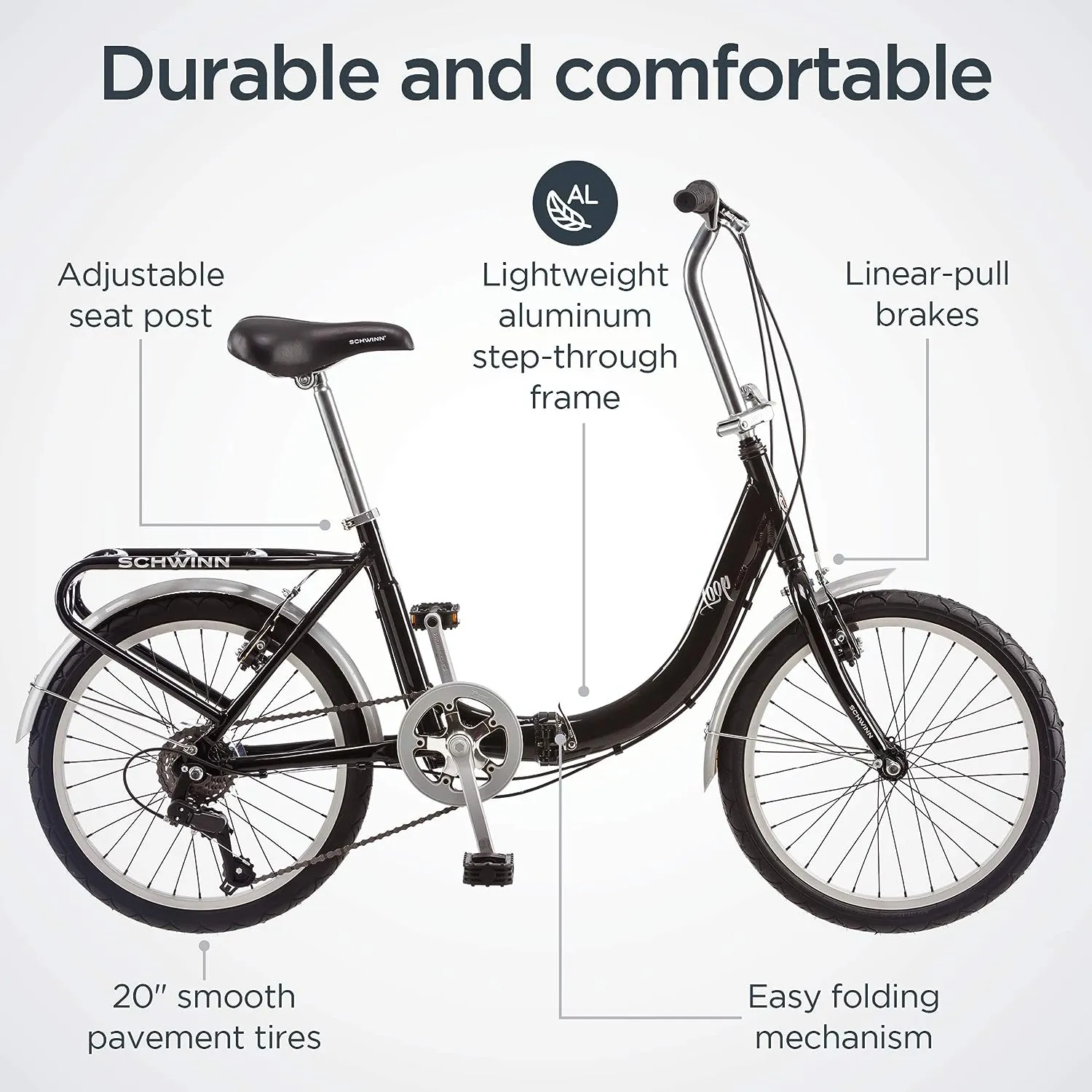 Schwinn Loop Adult Folding Bike, Men and Women, 20-inch Wheels, 7-Speed Drivetrain, Rear Cargo Rack, Carrying Bag Included for Storage