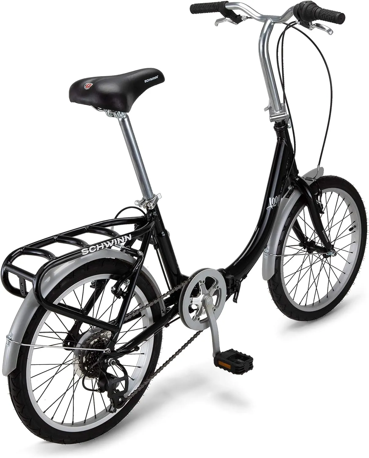 Schwinn Loop Adult Folding Bike, Men and Women, 20-inch Wheels, 7-Speed Drivetrain, Rear Cargo Rack, Carrying Bag Included for Storage