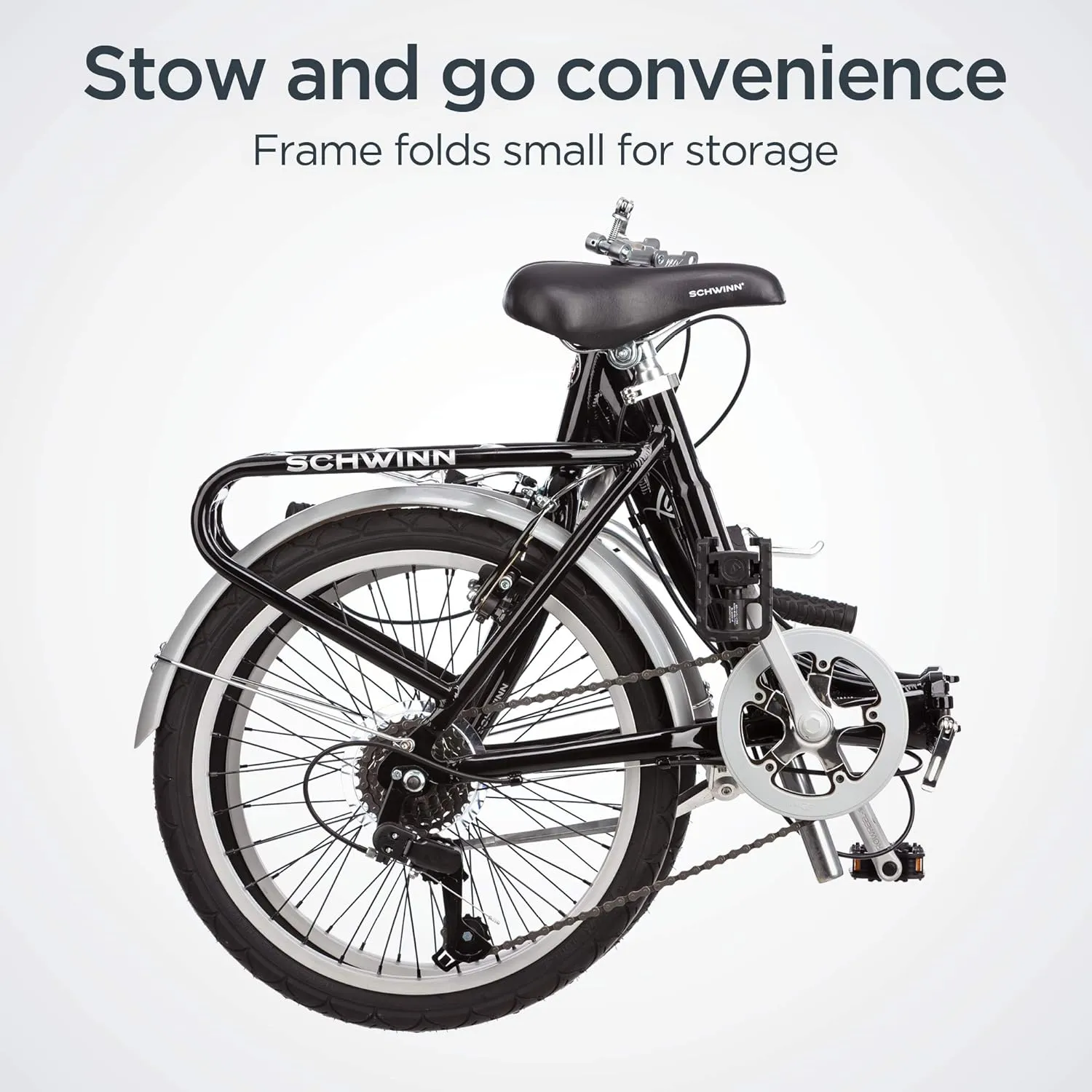 Schwinn Loop Adult Folding Bike, Men and Women, 20-inch Wheels, 7-Speed Drivetrain, Rear Cargo Rack, Carrying Bag Included for Storage