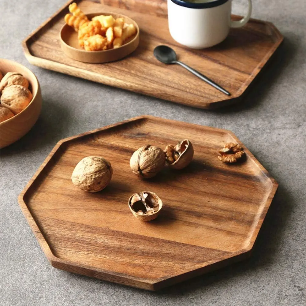 Set of 2 Acacia Wooden Trays Serving Platters Round Square Veggie Serving Tray Decor Bread Charcuterie Board Fruit Hosting Essentials Cheese Platter Vegetable Food Dish Charger Plate Charcuterie Board