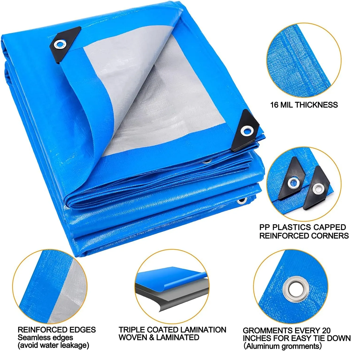 Small Tarp, Tarps Heavy Duty Waterproof 5x7, Waterproof Plastic Poly 16 Mil Thick Tarpaulin with Metal Grommets Every 19.5 Inches - Emergency Rain Shelter, Outdoor Cover, and Camping Use