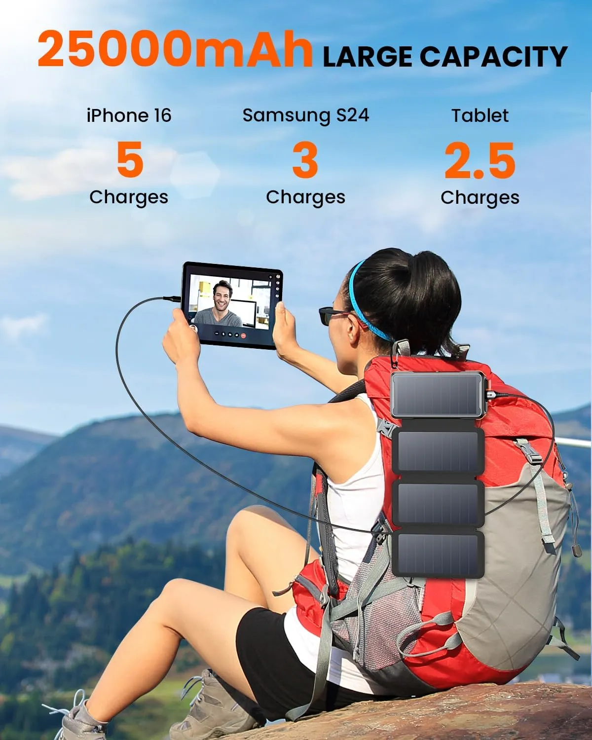 SOARAISE Wireless Solar Power Bank, 25000mAh Solar Charger with Built-in 3 Cables, Dual Outputs, 4 Solar Panels & 3 LED Flashlights, Portable Phone Charger for Outdoor Camping