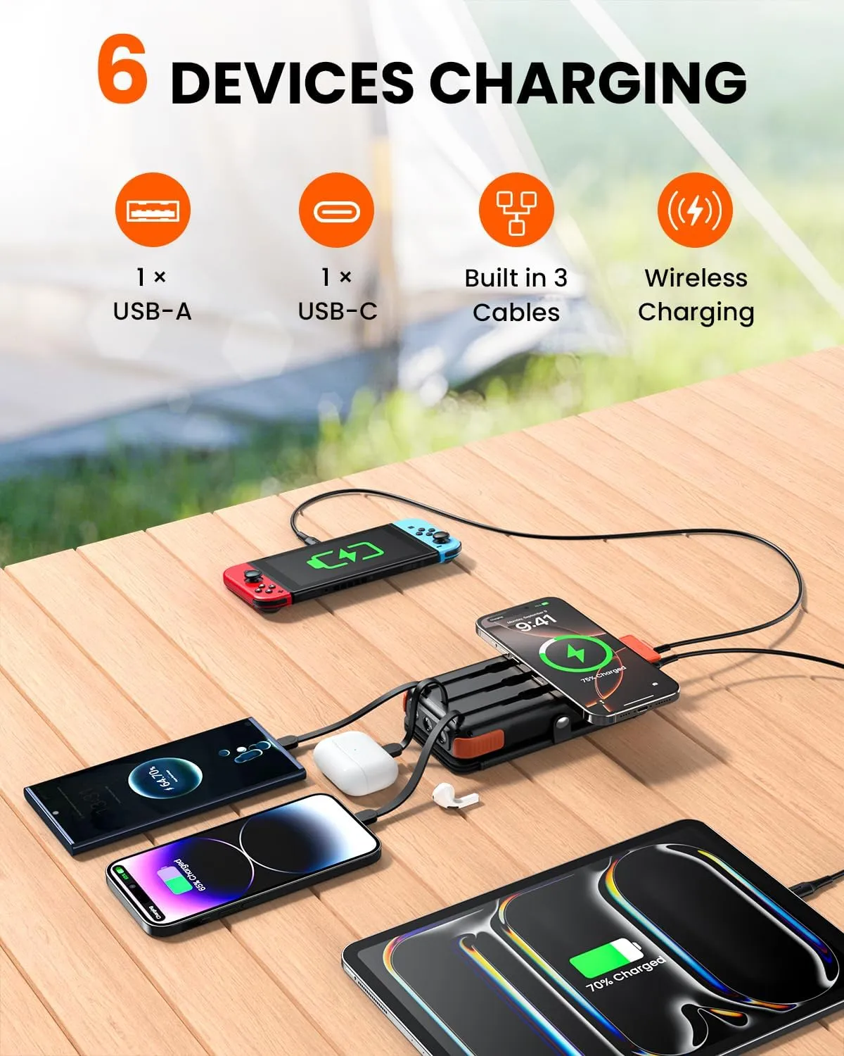 SOARAISE Wireless Solar Power Bank, 25000mAh Solar Charger with Built-in 3 Cables, Dual Outputs, 4 Solar Panels & 3 LED Flashlights, Portable Phone Charger for Outdoor Camping