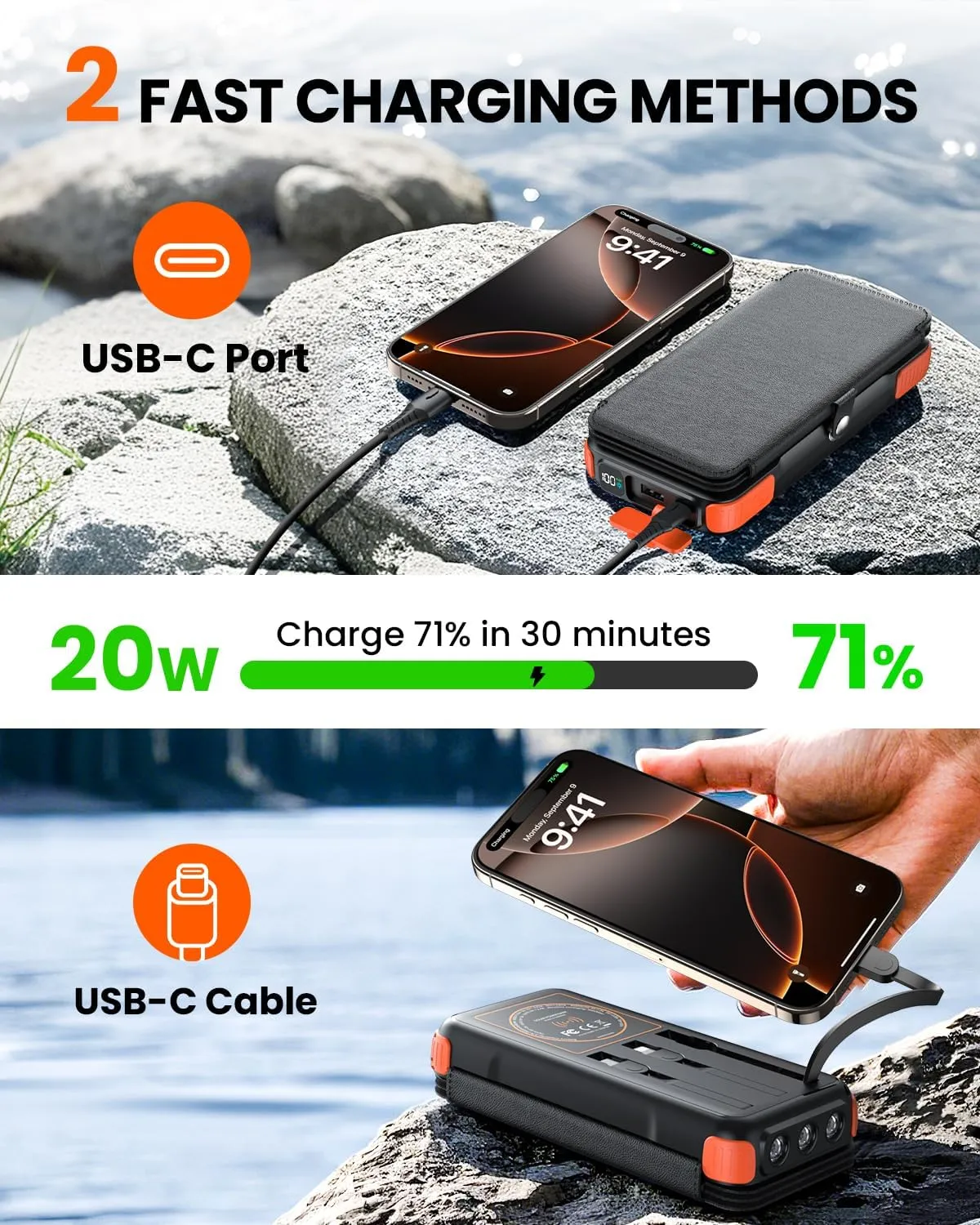 SOARAISE Wireless Solar Power Bank, 25000mAh Solar Charger with Built-in 3 Cables, Dual Outputs, 4 Solar Panels & 3 LED Flashlights, Portable Phone Charger for Outdoor Camping