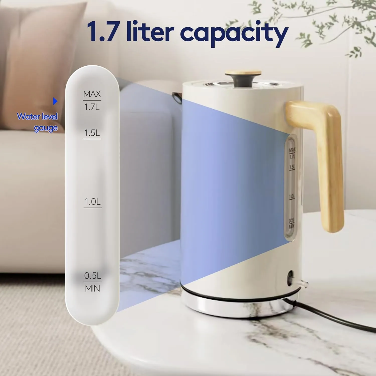 Stainless Steel Fast Boil Kettle, Cordless Kettles Electric, 3KW Quiet Boil Kettle, White Wood Effect Electric Tea Kettle, Water Kettle
