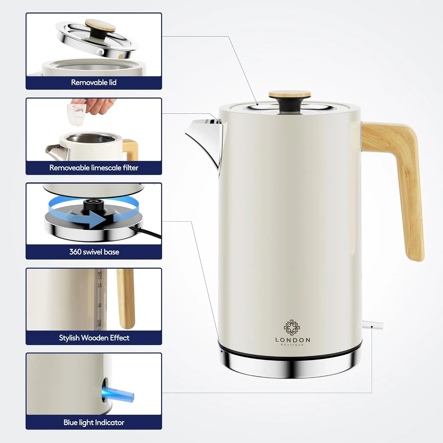 Stainless Steel Fast Boil Kettle, Cordless Kettles Electric, 3KW Quiet Boil Kettle, White Wood Effect Electric Tea Kettle, Water Kettle