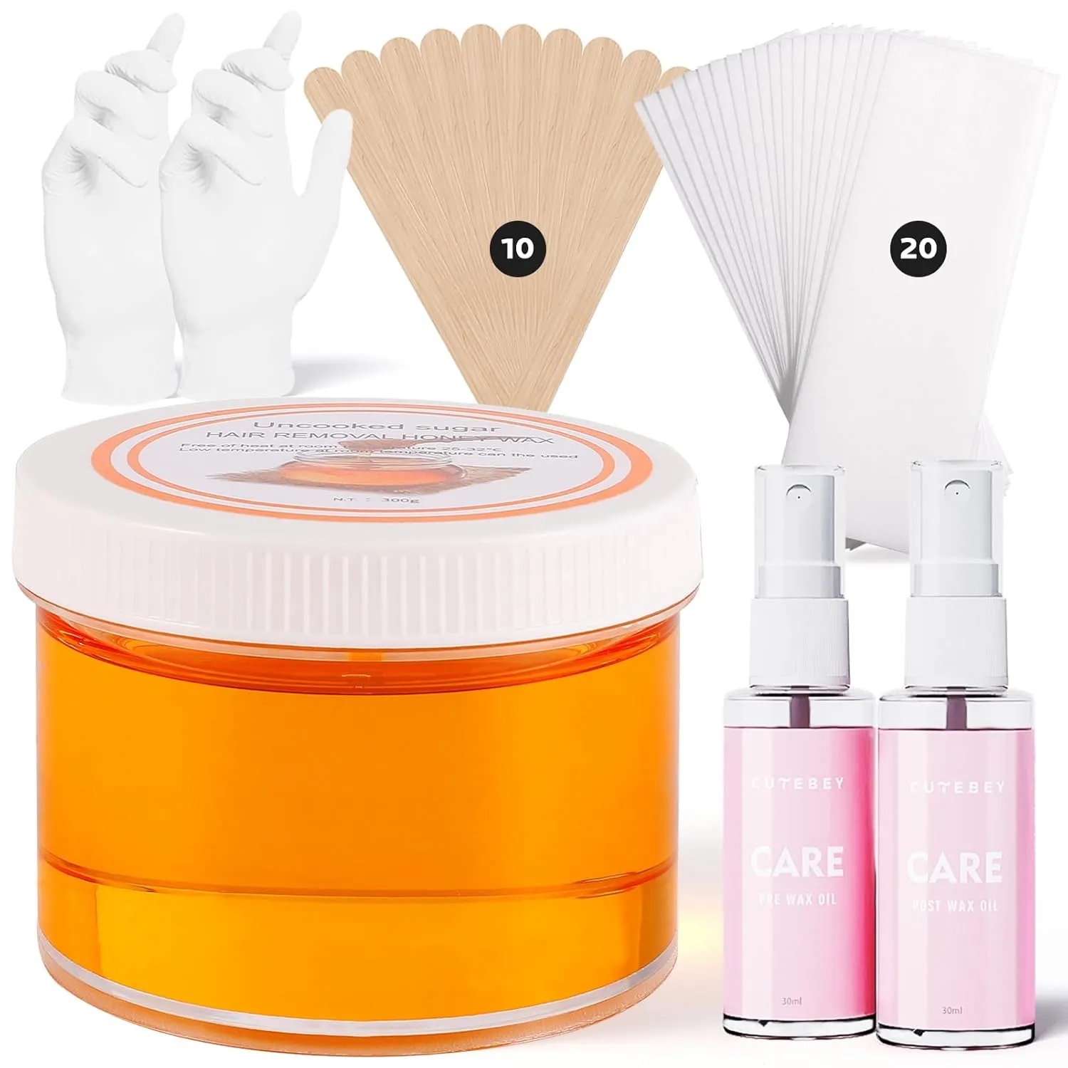 Sugar Wax Kit for Hair Removal: 300g/10.6oz Organic Sugaring Wax for Face Body Legs Bikini Back - with Large Strips and Sticks, Care Oils, Gloves