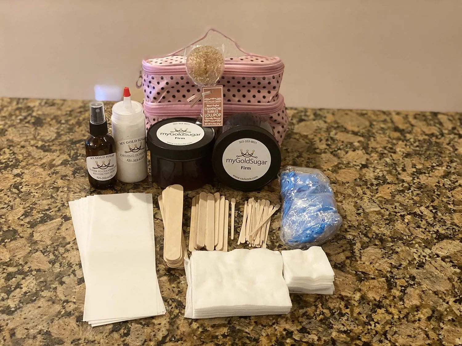 Sugaring Starter Kit by My Gold Sugar with 2 Jars of Sugar, Strips, Sticks, Toner, Powder, Cute Carrying case and Lollipop