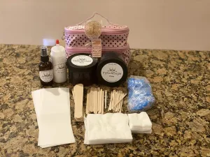 Sugaring Starter Kit by My Gold Sugar with 2 Jars of Sugar, Strips, Sticks, Toner, Powder, Cute Carrying case and Lollipop