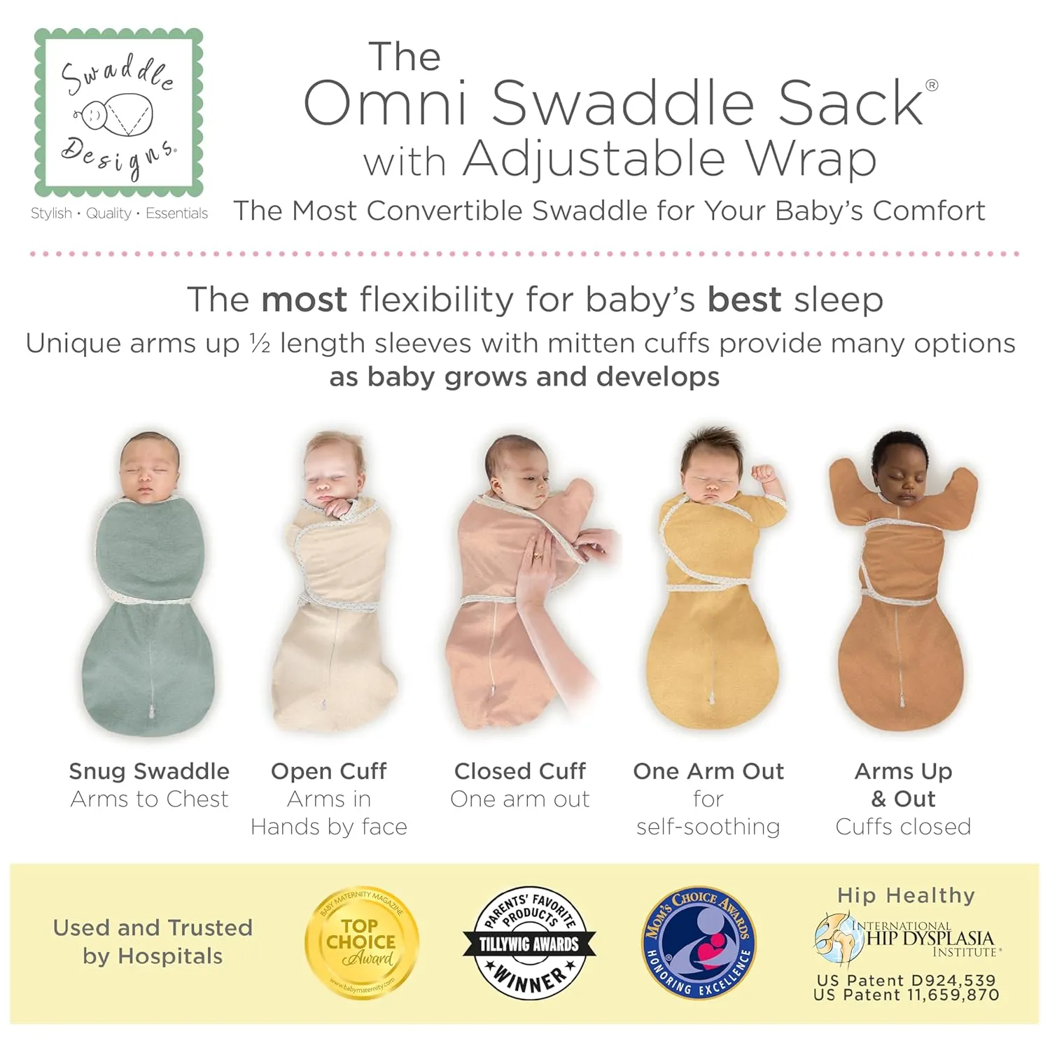 SwaddleDesigns 6-Way Omni Swaddle Sack® Arms Up Swaddle for Newborn, More Options to Calm Startle Reflex, Improves Sleep, Easy Transition Baby Sleep Sack, Sm, 0-3 Month, Watercolor Mountains & Trees