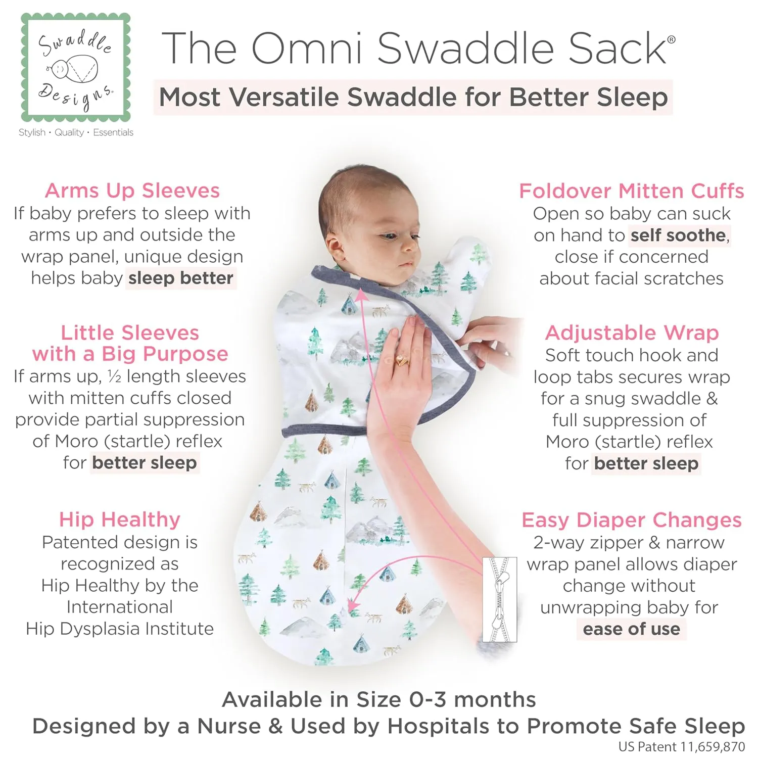 SwaddleDesigns 6-Way Omni Swaddle Sack® Arms Up Swaddle for Newborn, More Options to Calm Startle Reflex, Improves Sleep, Easy Transition Baby Sleep Sack, Sm, 0-3 Month, Watercolor Mountains & Trees
