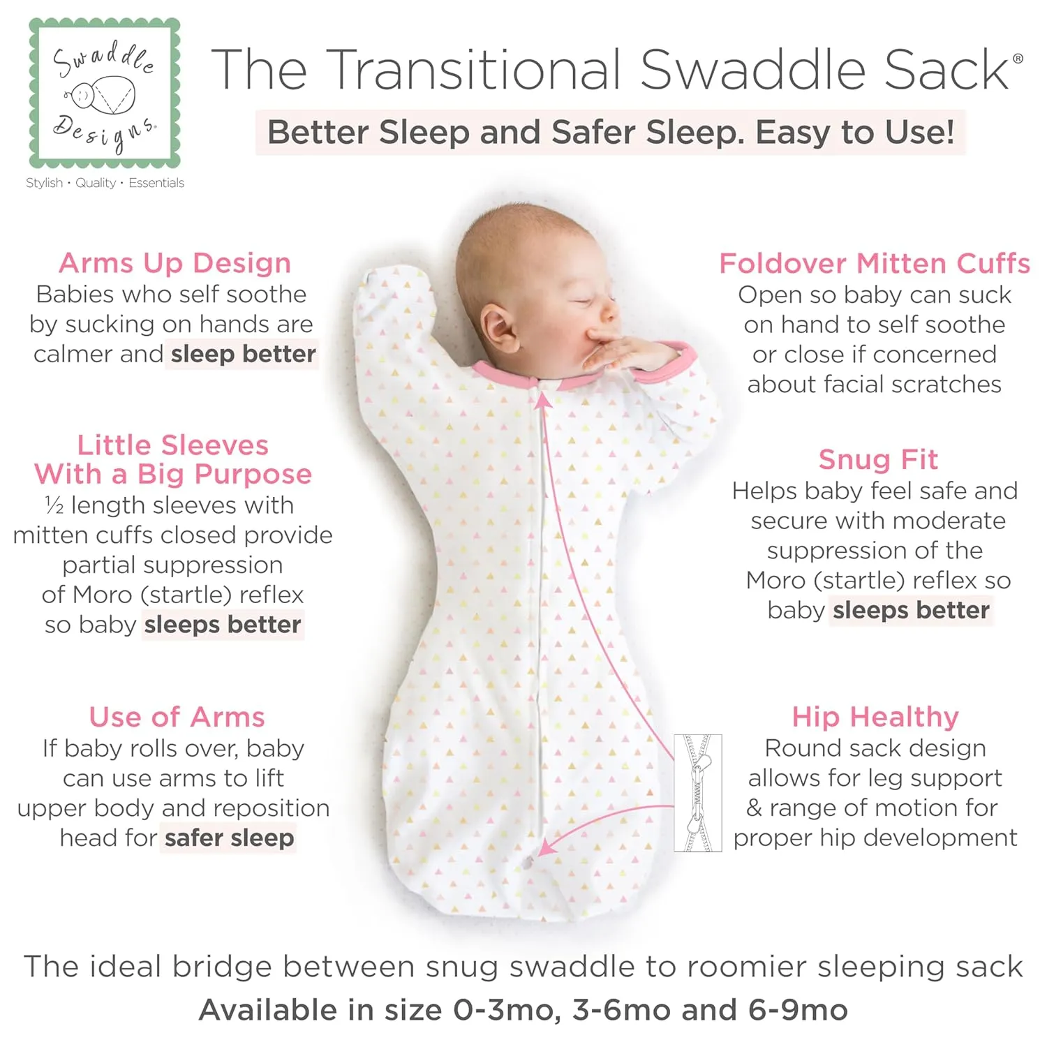 SwaddleDesigns Transitional Swaddle Sack, Arms Up Half-Length Sleeves & Mitten Cuffs, Swaddle for Newborn Transition to Baby Sleep Sack Wearable Blanket, Med, 3-6 month, 14-21 lb, Pink Tiny Triangles