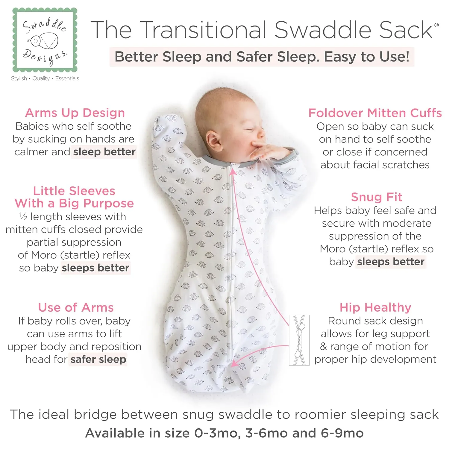 SwaddleDesigns Transitional Swaddle Sack, Arms Up Half-Length Sleeves & Mitten Cuffs, Swaddle for Newborn Transition to Baby Sleep Sack Wearable Blanket, Medium, 3-6 month, 14-21 lb, Tiny Hedgehogs