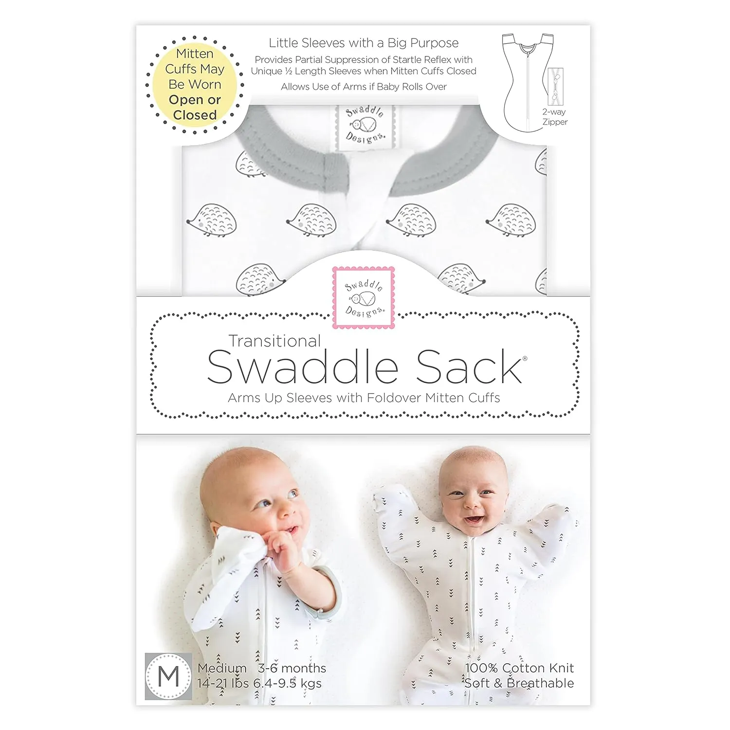 SwaddleDesigns Transitional Swaddle Sack, Arms Up Half-Length Sleeves & Mitten Cuffs, Swaddle for Newborn Transition to Baby Sleep Sack Wearable Blanket, Medium, 3-6 month, 14-21 lb, Tiny Hedgehogs