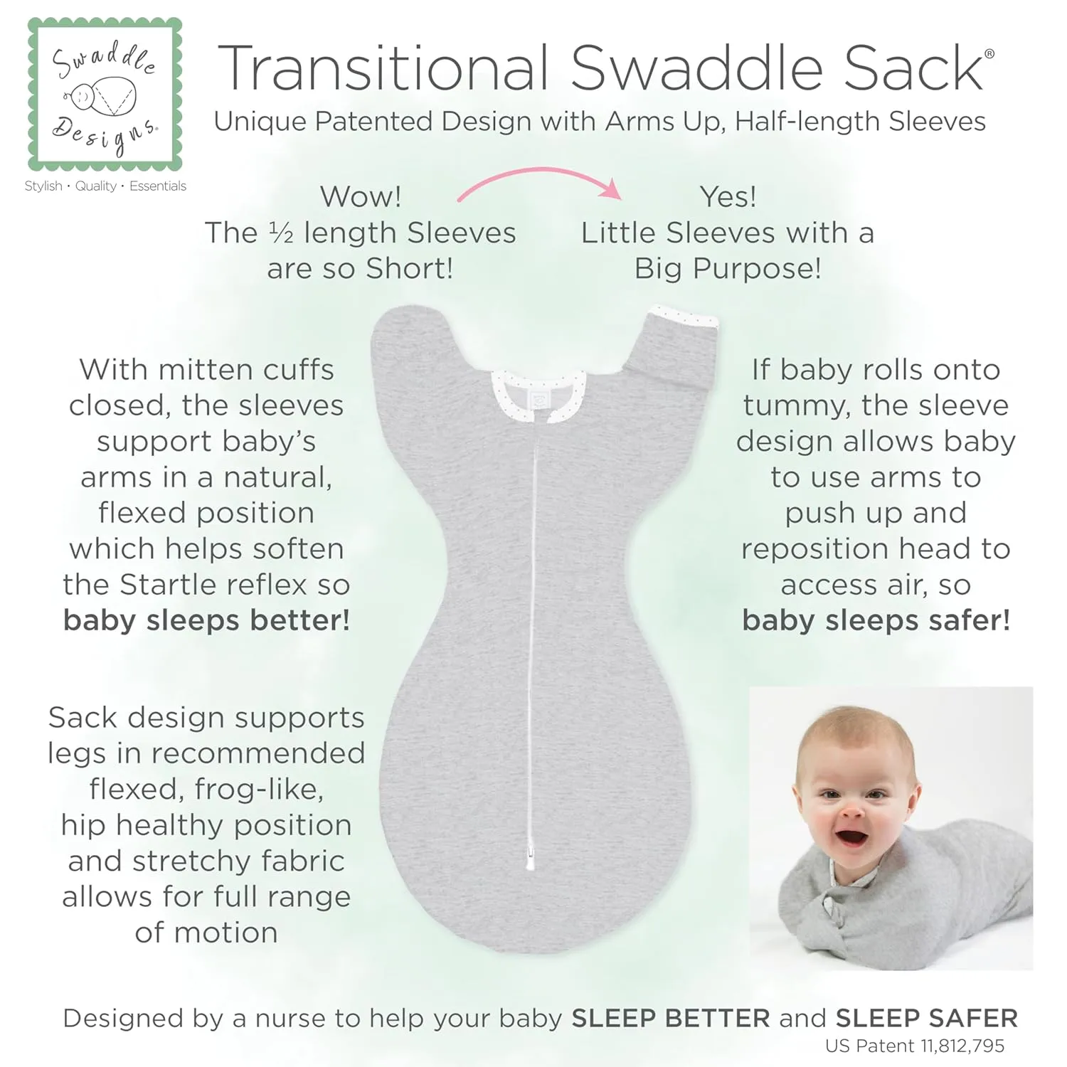 SwaddleDesigns Transitional Swaddle Sack, Arms Up Half-Length Sleeves & Mitten Cuffs, Swaddle for Newborn Transition to Baby Sleep Sack Wearable Blanket, Medium, 3-6 month, 14-21 lb, Tiny Hedgehogs