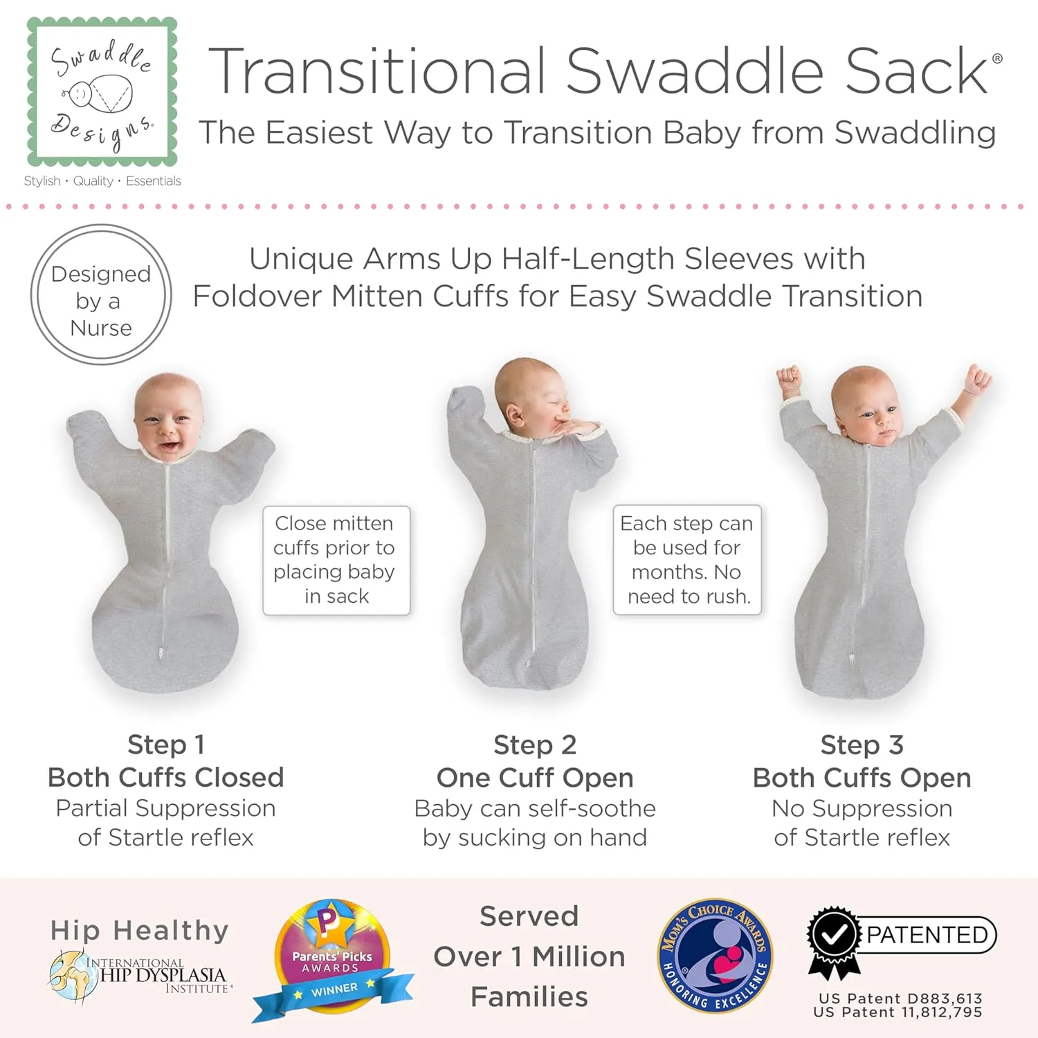 SwaddleDesigns Transitional Swaddle Sack, Arms Up Half-Length Sleeves & Mitten Cuffs, Swaddle for Newborn Transition to Baby Sleep Sack Wearable Blanket, Medium, 3-6 month, 14-21 lb, Tiny Hedgehogs