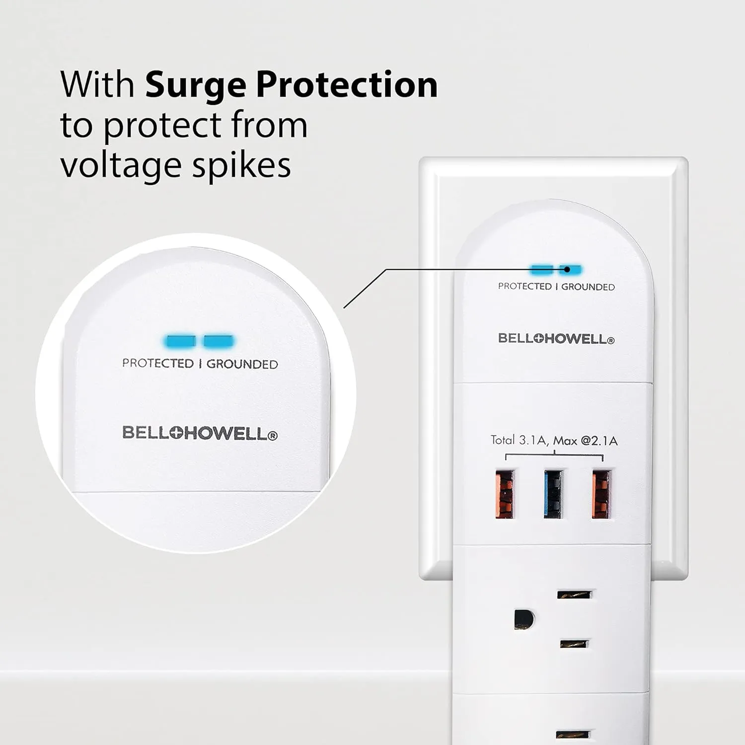 Swivel Power by Bell Howell Power Strip w/Surge Protection Rapid, Swiveling Charging Station USB Outlet Extender – with 6 Electrical, 3 USB Port, 125VAC / 60Hz / 10A / 1250WMax, UL STD 498A
