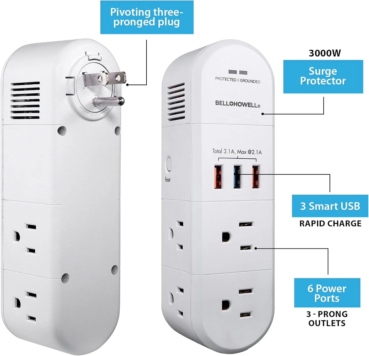 Swivel Power by Bell Howell Power Strip w/Surge Protection Rapid, Swiveling Charging Station USB Outlet Extender – with 6 Electrical, 3 USB Port, 125VAC / 60Hz / 10A / 1250WMax, UL STD 498A