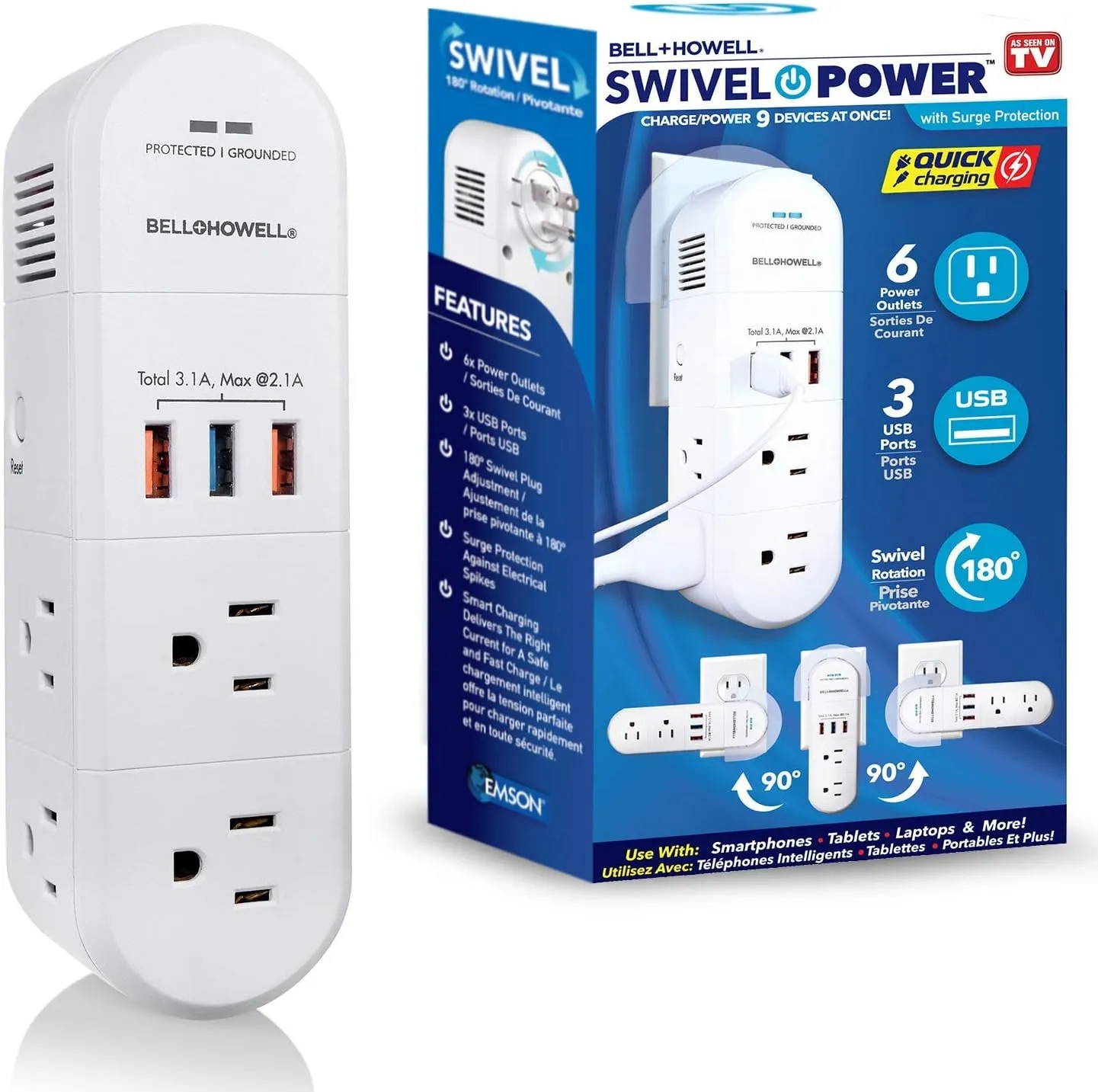 Swivel Power by Bell Howell Power Strip w/Surge Protection Rapid, Swiveling Charging Station USB Outlet Extender – with 6 Electrical, 3 USB Port, 125VAC / 60Hz / 10A / 1250WMax, UL STD 498A