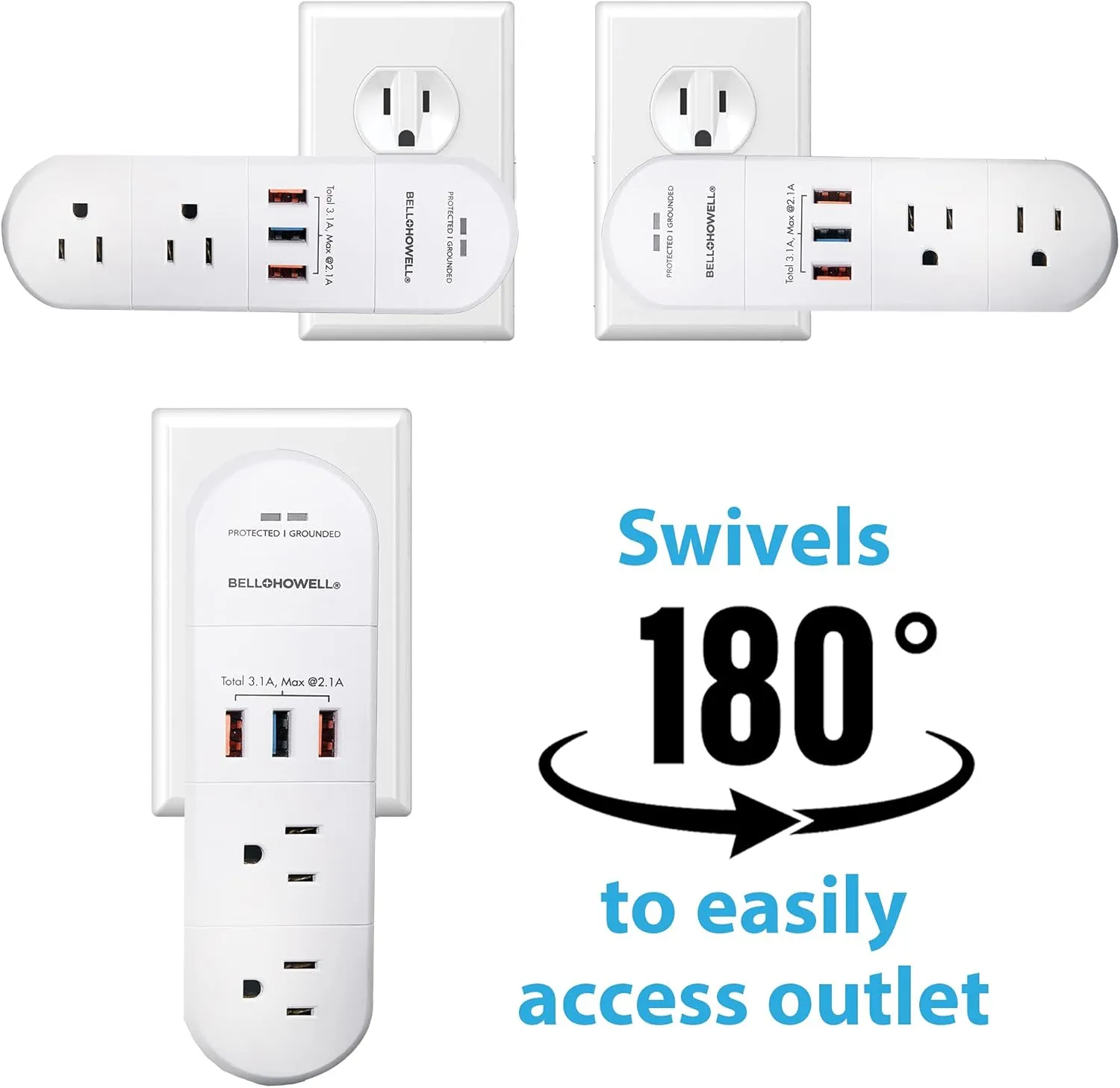 Swivel Power by Bell Howell Power Strip w/Surge Protection Rapid, Swiveling Charging Station USB Outlet Extender – with 6 Electrical, 3 USB Port, 125VAC / 60Hz / 10A / 1250WMax, UL STD 498A