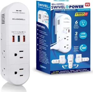 Swivel Power by Bell Howell Power Strip w/Surge Protection Rapid, Swiveling Charging Station USB Outlet Extender – with 6 Electrical, 3 USB Port, 125VAC / 60Hz / 10A / 1250WMax, UL STD 498A