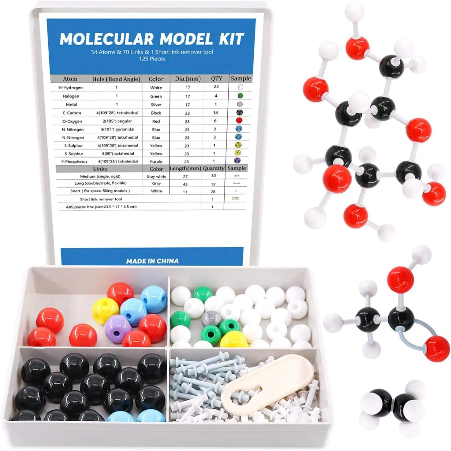 Swpeet 125 Pcs Molecular Model Kit for Inorganic & Organic Molecular Model Teacher and 16 Years and Over Student Kit - 54 Atoms & 70 Links & 1 Short Link Remover Tool - Science Toys