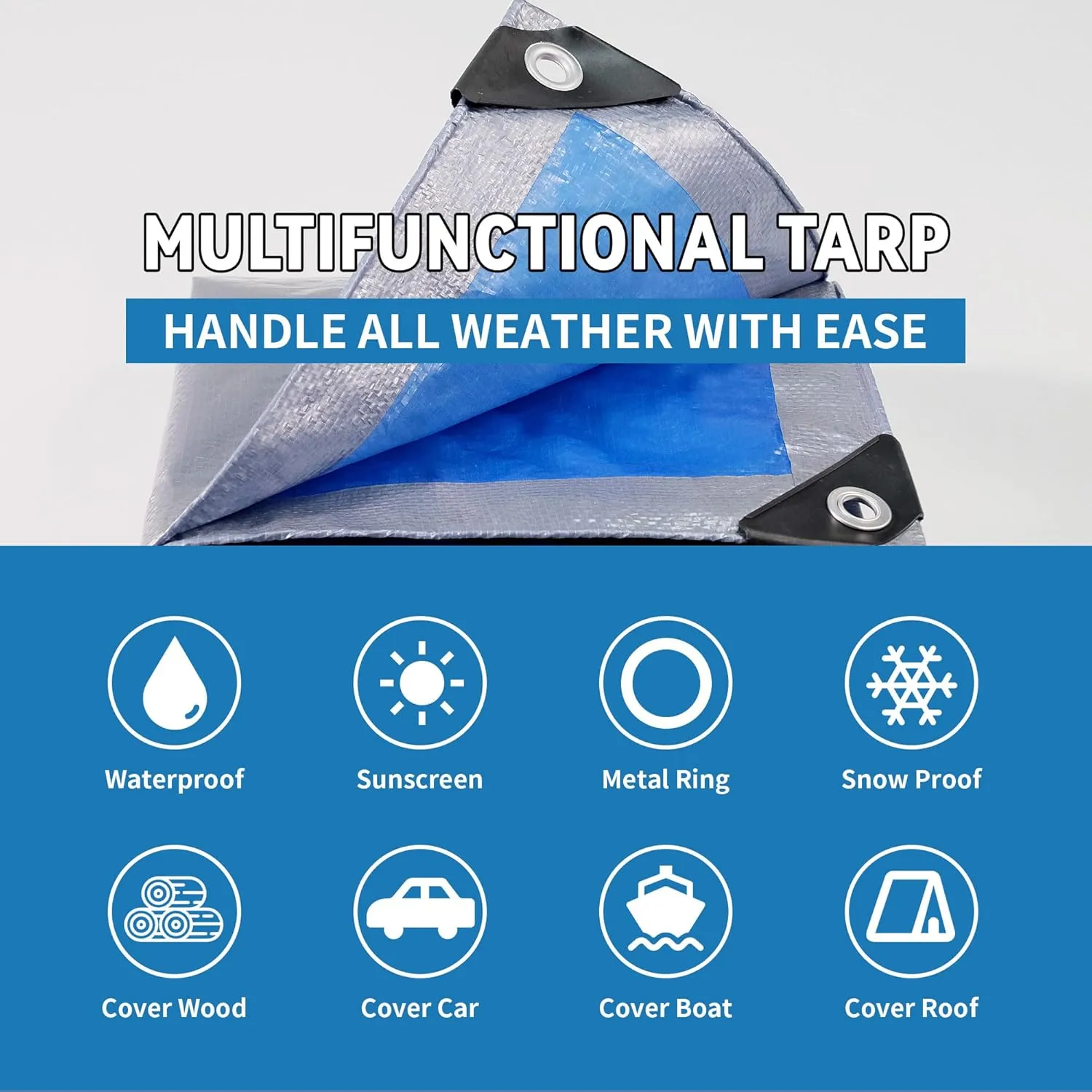 TARPAL Tarp 8x16 Feet Tarp Waterproof Small tarp 7.5mil Waterproof tarps for Outdoors,UV Protection,Rip and Tear Proof,Poly Tarpaulin(Silver/Blue)