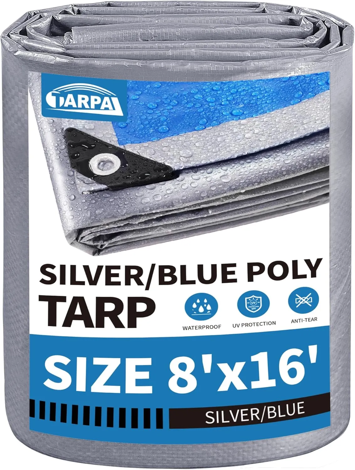 TARPAL Tarp 8x16 Feet Tarp Waterproof Small tarp 7.5mil Waterproof tarps for Outdoors,UV Protection,Rip and Tear Proof,Poly Tarpaulin(Silver/Blue)