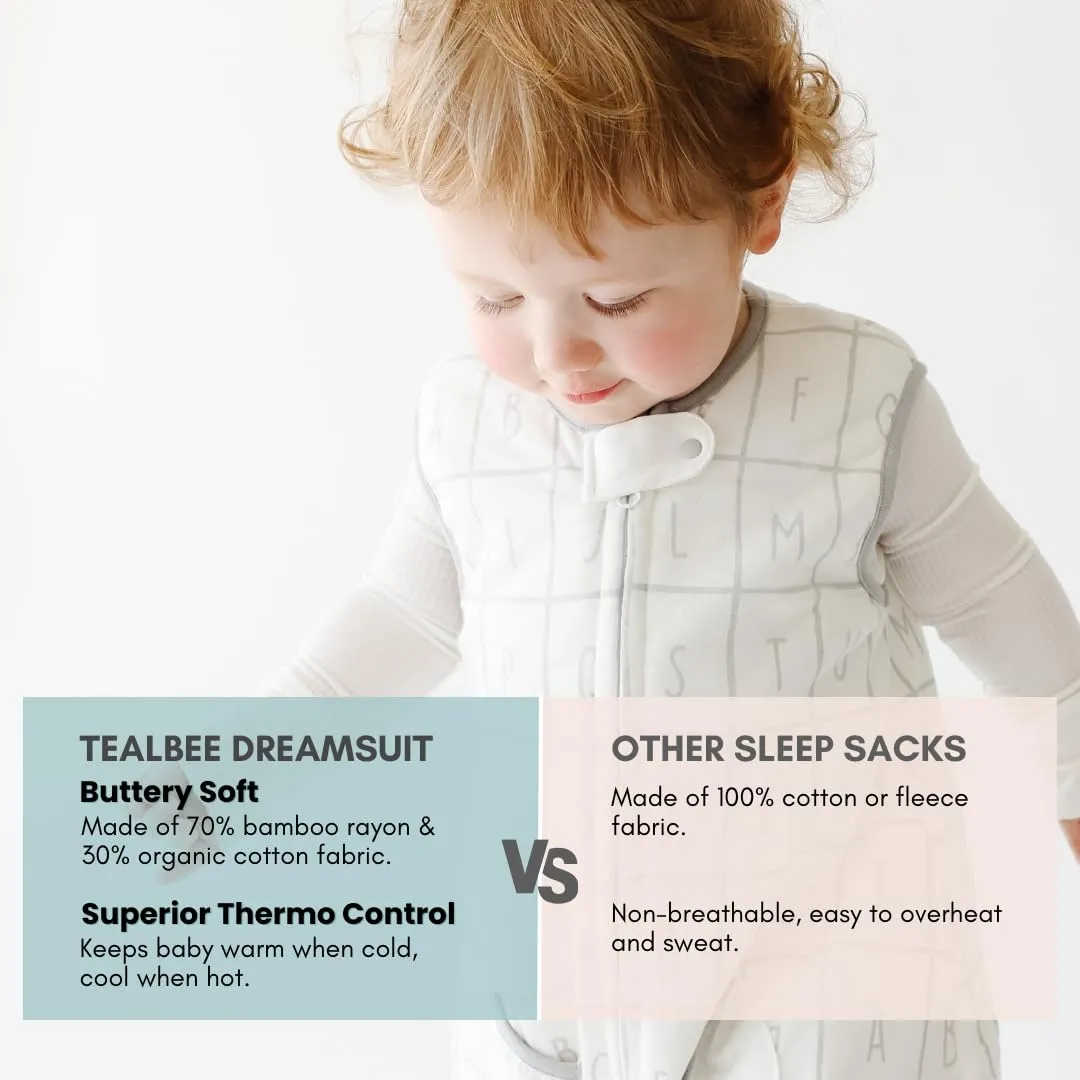 Tealbee Dreamsuit: Toddler Sleep Sack with Feet 12-18 months, 18-24 months - 1.2 TOG All Season Baby Wearable Blanket for Walkers - Rayon made from Bamboo, Organic Cotton Sleep Bag (12m-2T) - Alphabet
