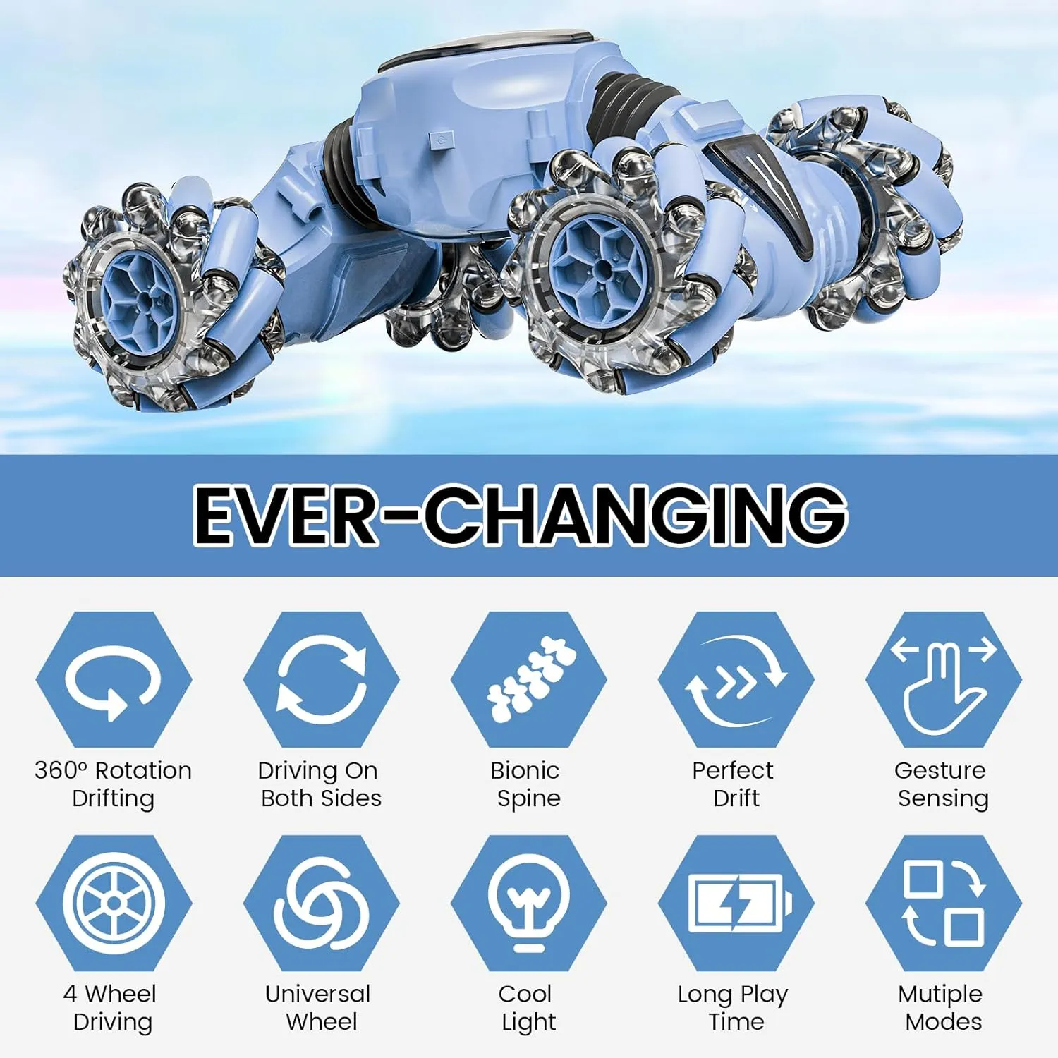 Tecnock Remote Control Car for Boys Girls, 2.4GHz 4WD Gesture Sensing RC Stunt Car Toys - 360° Rotating Double Sided Hand Controlled RC Cars with LED Lights, Gifts for Kids