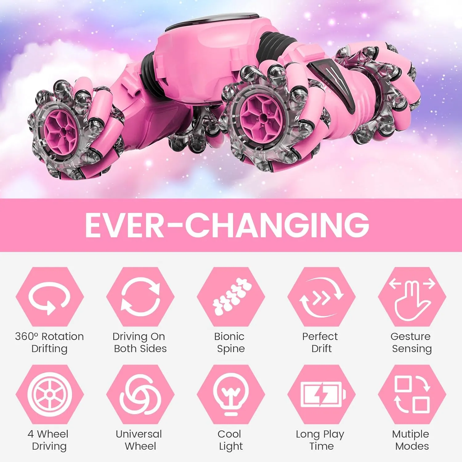 Tecnock Remote Control Car for Boys Girls, 2.4GHz 4WD Gesture Sensing RC Stunt Car Toys - 360° Rotating Double Sided Hand Controlled RC Cars with LED Lights, Gifts for Kids