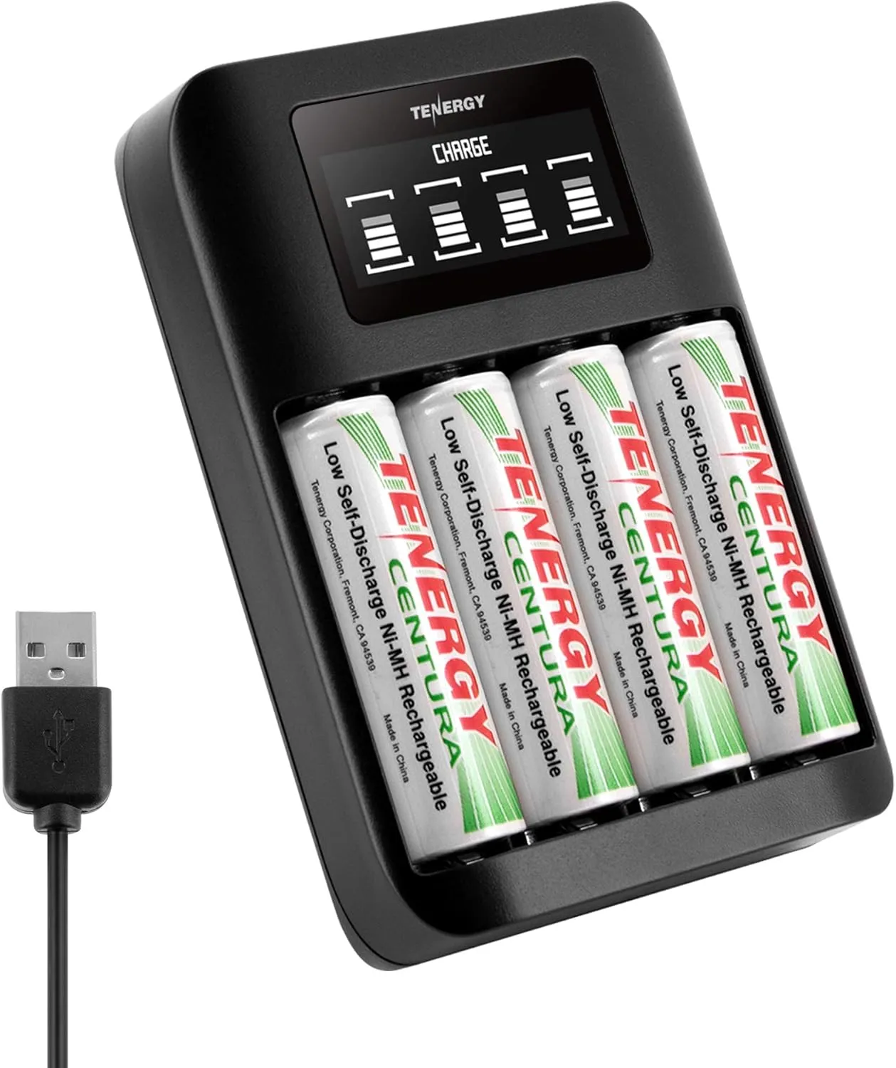 Tenergy Rechargeable Battery and Charger kit: 4-Pack Centura 2000mAh NiMH AA Batteries and TN474U USB-Powered Charger with LCD Display