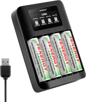 Tenergy Rechargeable Battery and Charger kit: 4-Pack Centura 2000mAh NiMH AA Batteries and TN474U USB-Powered Charger with LCD Display