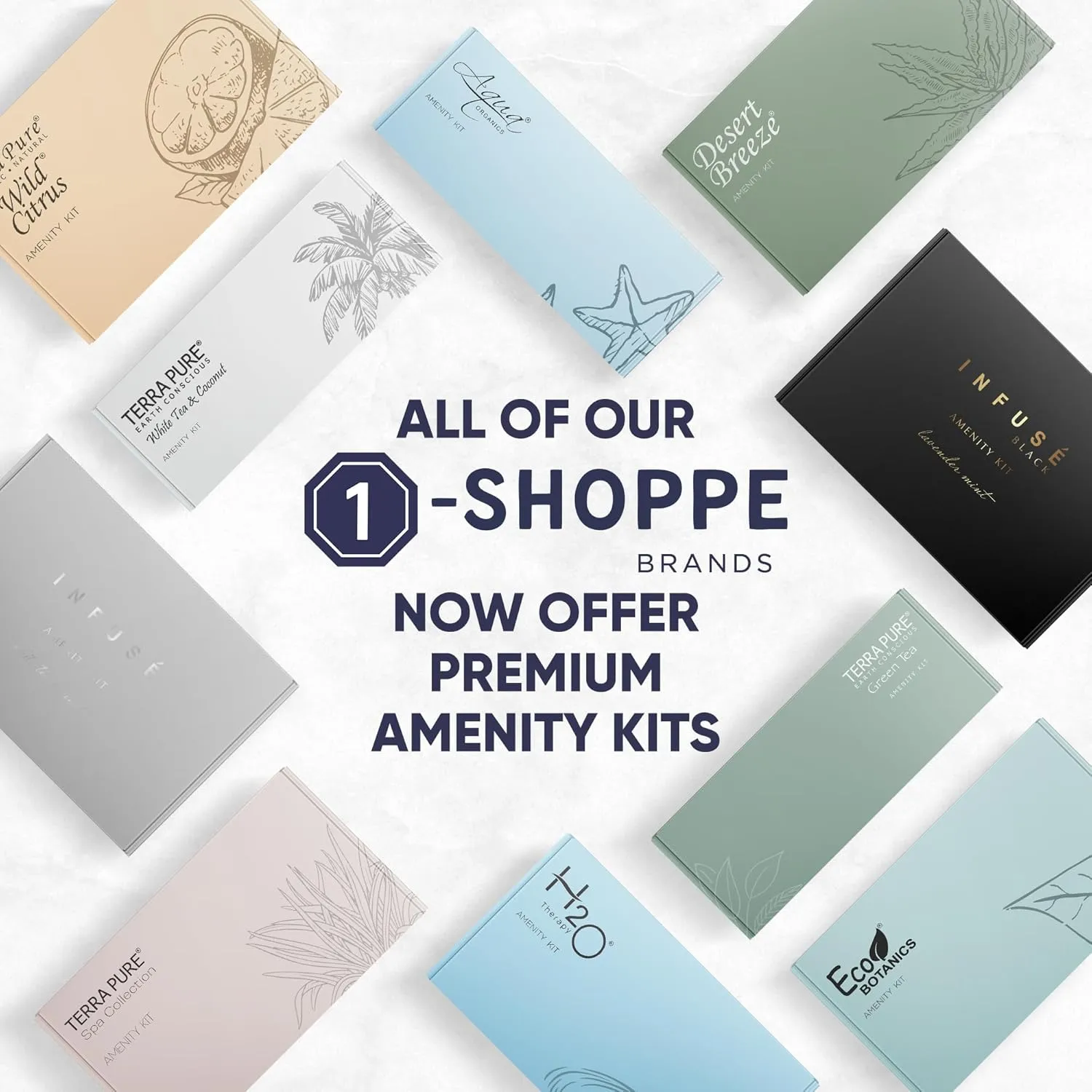 Terra Pure White Tea & Coconut Amenity & Accessory Kit |1oz Travel Size Shampoo, Conditioner, Lotion, Body Wash, 2 Cleansing Bars, Shave & Dental Sets, Make-Up Remover Wipes, & Vanity Kit | 15 Boxes