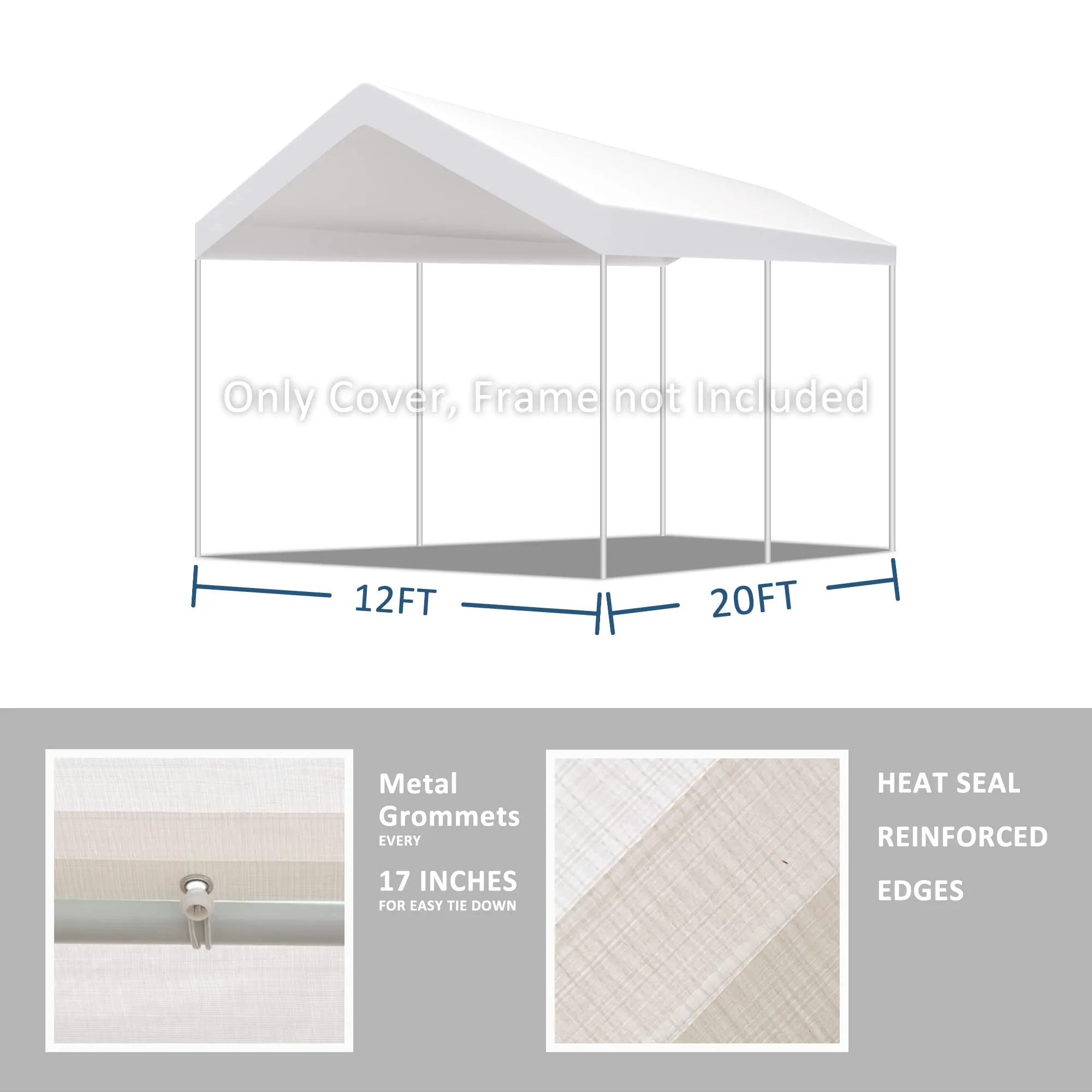 TGEHAP 12'x20' Carport Replacement Canopy Cover for Tent Car Garage Shelter Top Tarp Cover with Ball Bungees (Only Only Top Cover, Frame is not