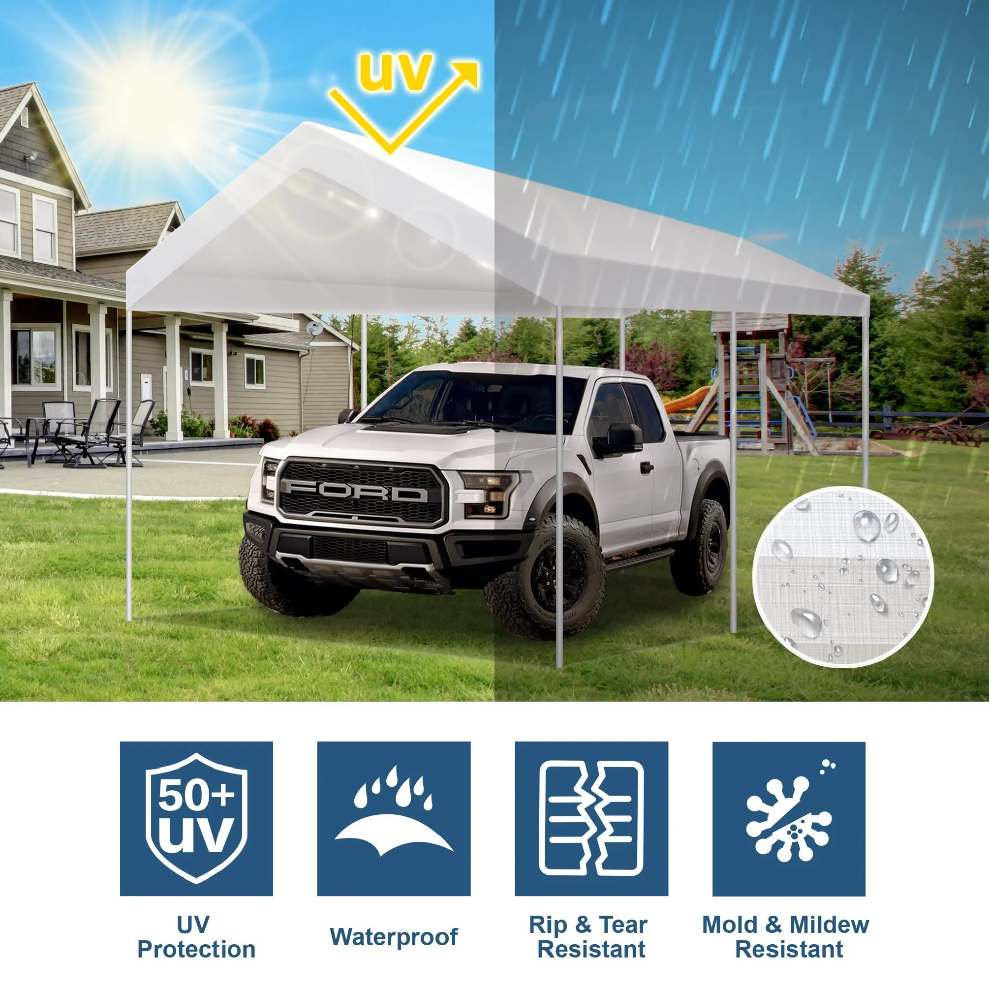 TGEHAP 12'x20' Carport Replacement Canopy Cover for Tent Car Garage Shelter Top Tarp Cover with Ball Bungees (Only Only Top Cover, Frame is not