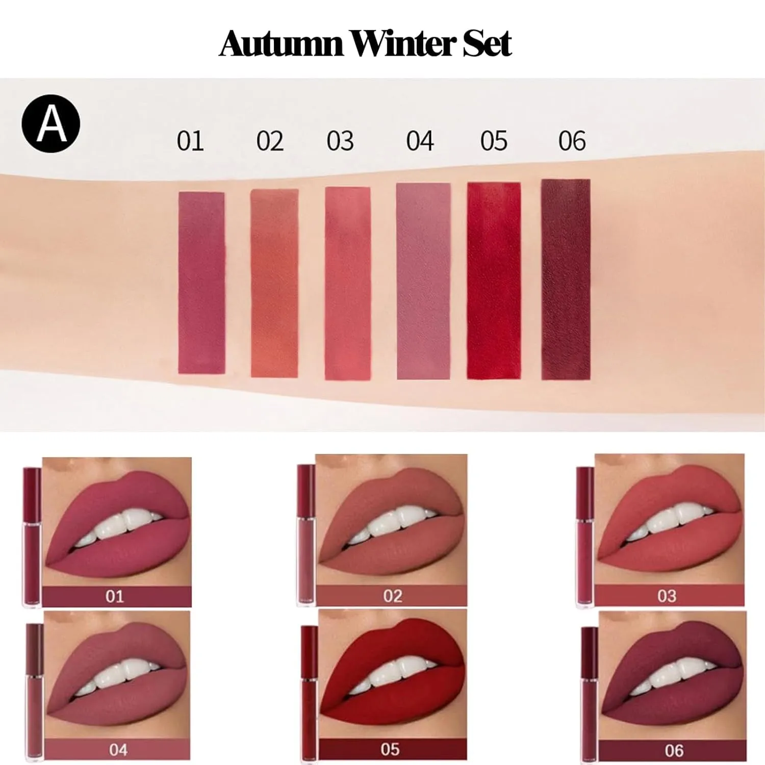 The Everlasting Liquid Lipstick Matte Set Of 6, Matte Liquid Moisturizing Lip Gloss Kit, Non Stick Cup Lip Makeup, Non-Fading Waterproof Lip Gloss Set For Women (#AB, one size)