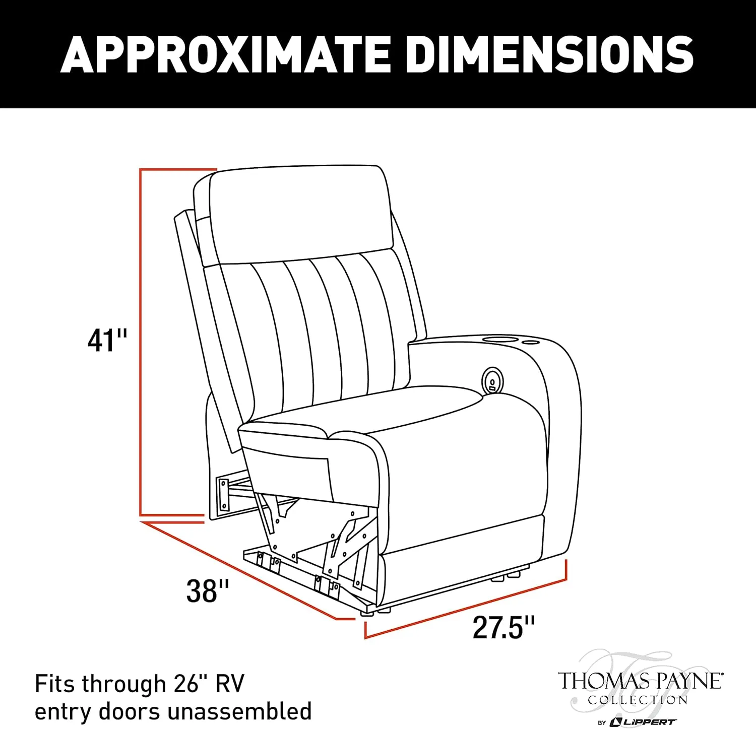 Thomas Payne® Seismic Series Luxury RV Theater Seating Recliner - Left Hand Configuration, Millbrae – Remote Control Power Recline, Massage and Lumbar – Power Port Accessory Compatible – 2020129321