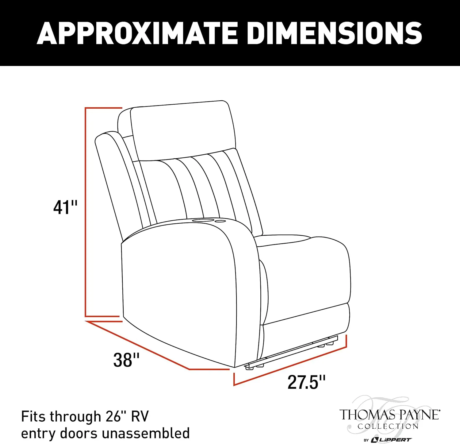 Thomas Payne® Seismic Series Luxury RV Theater Seating Recliner - Right Hand Configuration, Norlina – Remote Control Power Recline, Massage and Lumbar – Power Port Accessory Compatible – 2020129336