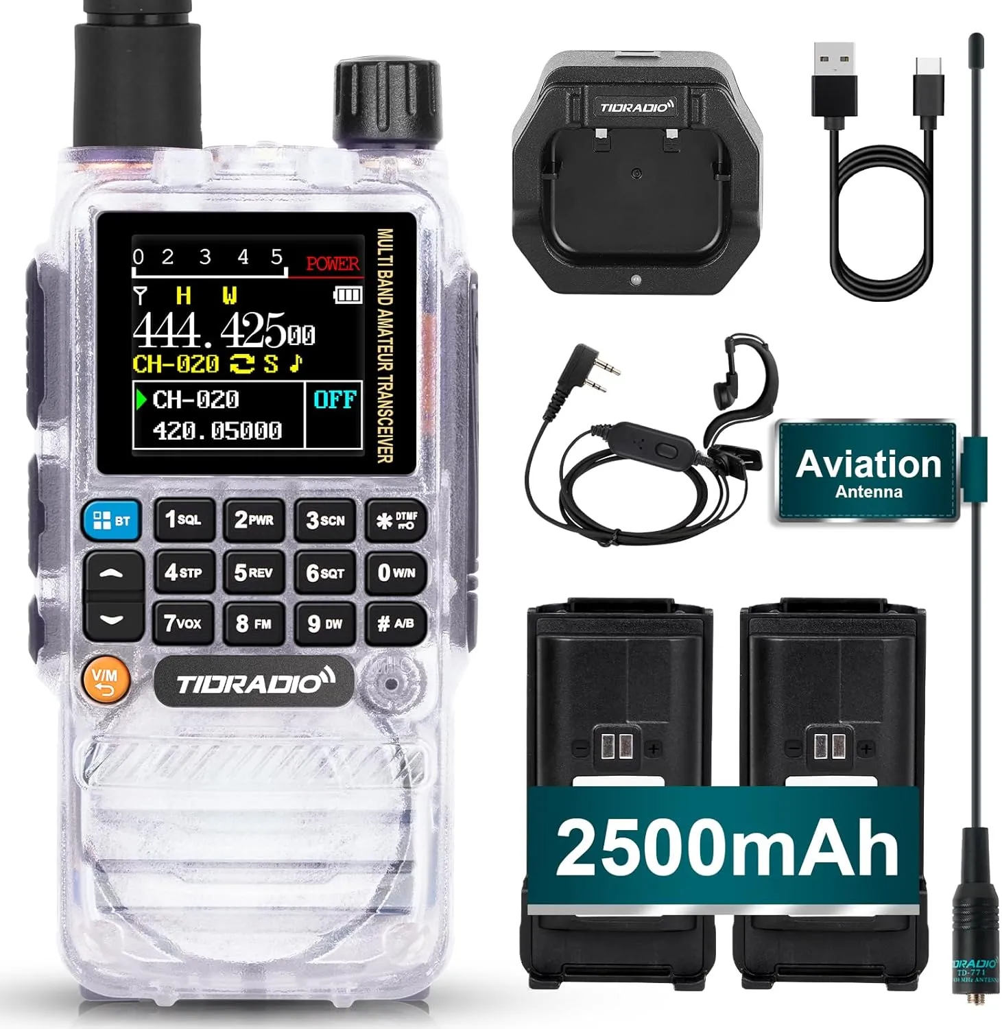 TIDRADIO TD-H3 Ham Radio Handheld,Type C & Wireless Programming,Multi-Band Portable Two Way Radio with AirBand Antenna&2Pcs Batteries,Frequency Match,DTMF FM NOAA SCAN Walkie Talkies-1Pack Crystal