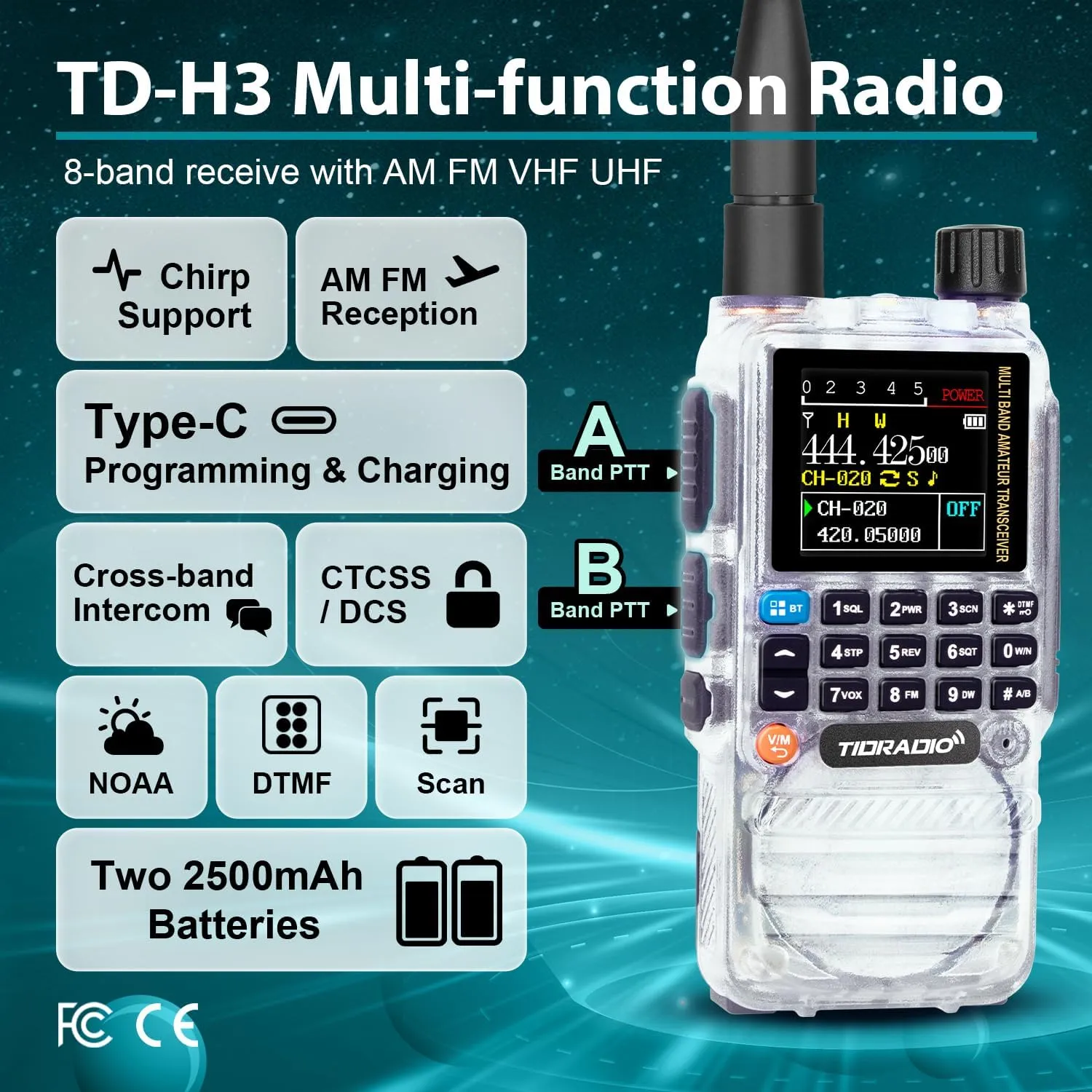 TIDRADIO TD-H3 Ham Radio Handheld,Type C & Wireless Programming,Multi-Band Portable Two Way Radio with AirBand Antenna&2Pcs Batteries,Frequency Match,DTMF FM NOAA SCAN Walkie Talkies-1Pack Crystal