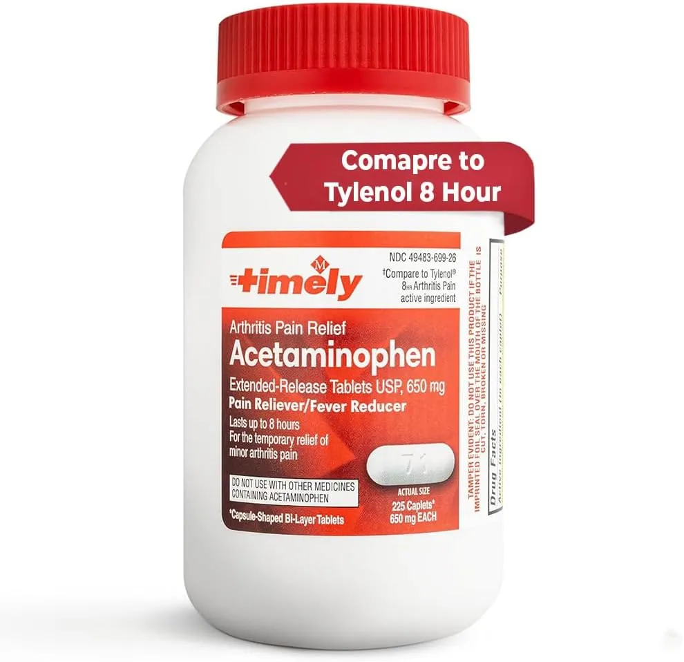 Timely Acetaminophen 650 Mg Extended Release - Compared to Tylenol 8 HR Arthritis Pain Active Ingredient - Fever Reducer, Arthritis Pain Reliever, Joint Pain Relief Pills - 225 Caplets