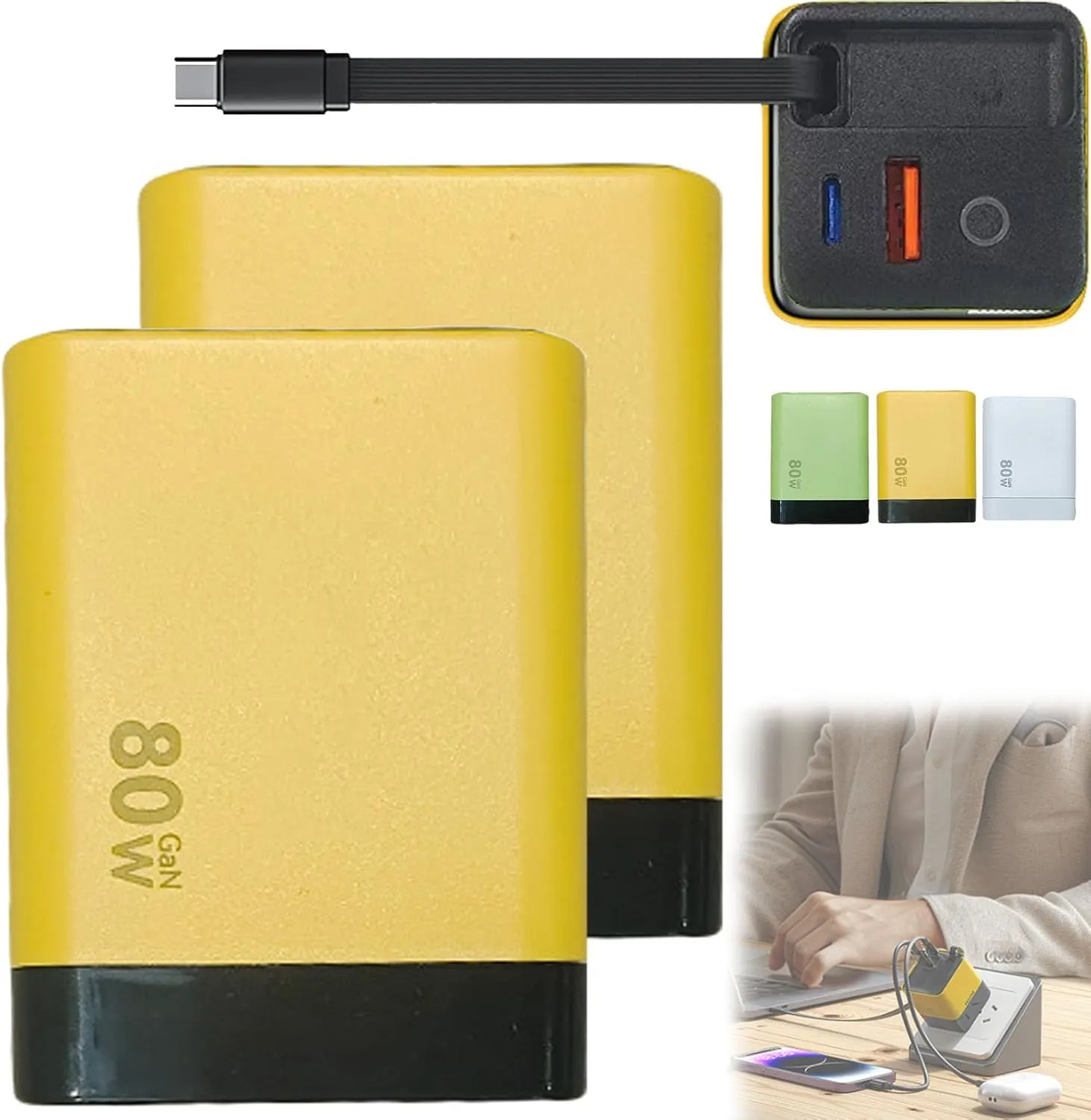 Tobrbe 3 in 1 Gan Charger, Retractable 80w Max, Tobrbe 3 in 1 80 Watt Charger for Fast Charging Multiple Devices, Retractable Design for Convenience, for Laptops, Tablets & Smart Phones (2Pcs Yellow)