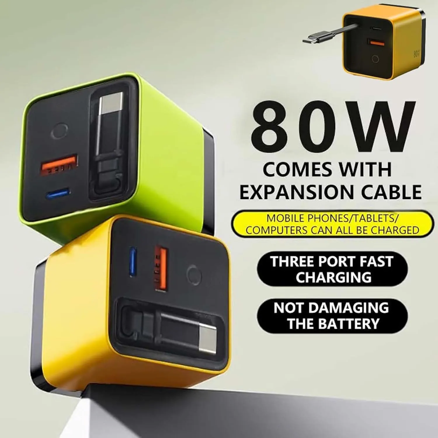 Tobrbes 3 in 1 Gan Charger, Retractable 80w Max, 3 in 1 Gan Charger, Scalable 80w Max Fast Chargers Module with Type-C Cable and 2 USB Ports, for iPhone, Phone and Laptops (White)