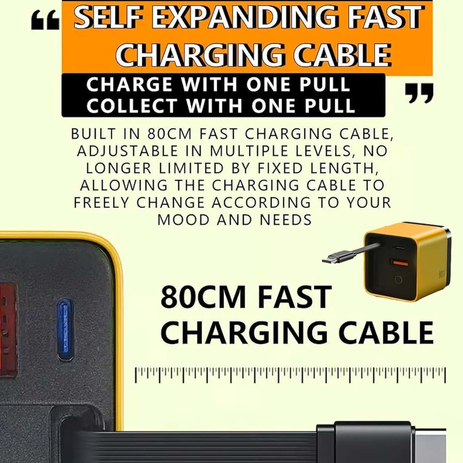 Tobrbes 3 in 1 Gan Charger, Retractable 80w Max, 3 in 1 Gan Charger, Scalable 80w Max Fast Chargers Module with Type-C Cable and 2 USB Ports, for iPhone, Phone and Laptops (White)